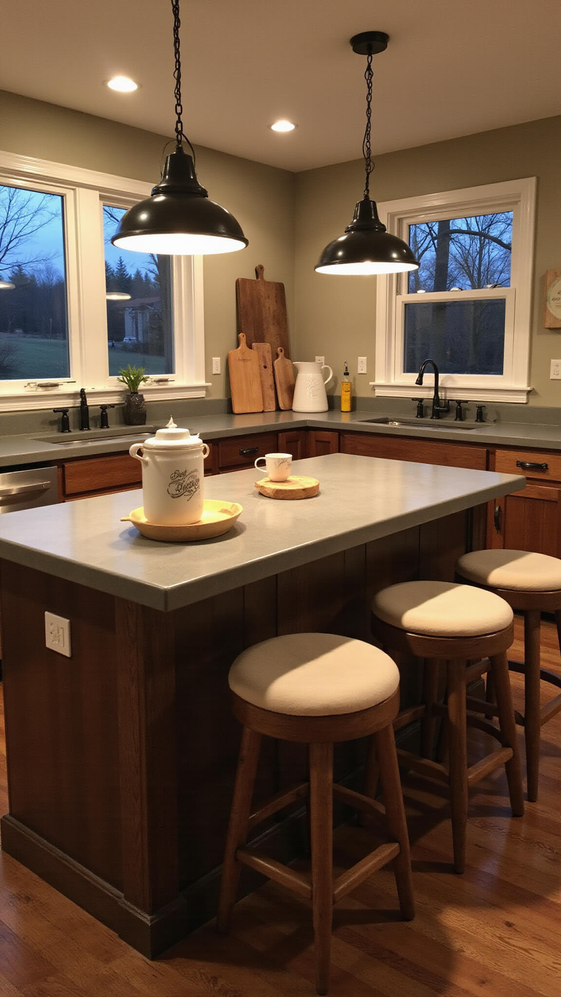 Rustic 12x14ft kitchen at dusk with multi-level oak and concrete island, mismatched wooden barstools, mason jar pendant lights, and vintage decor under warm ambient lighting.