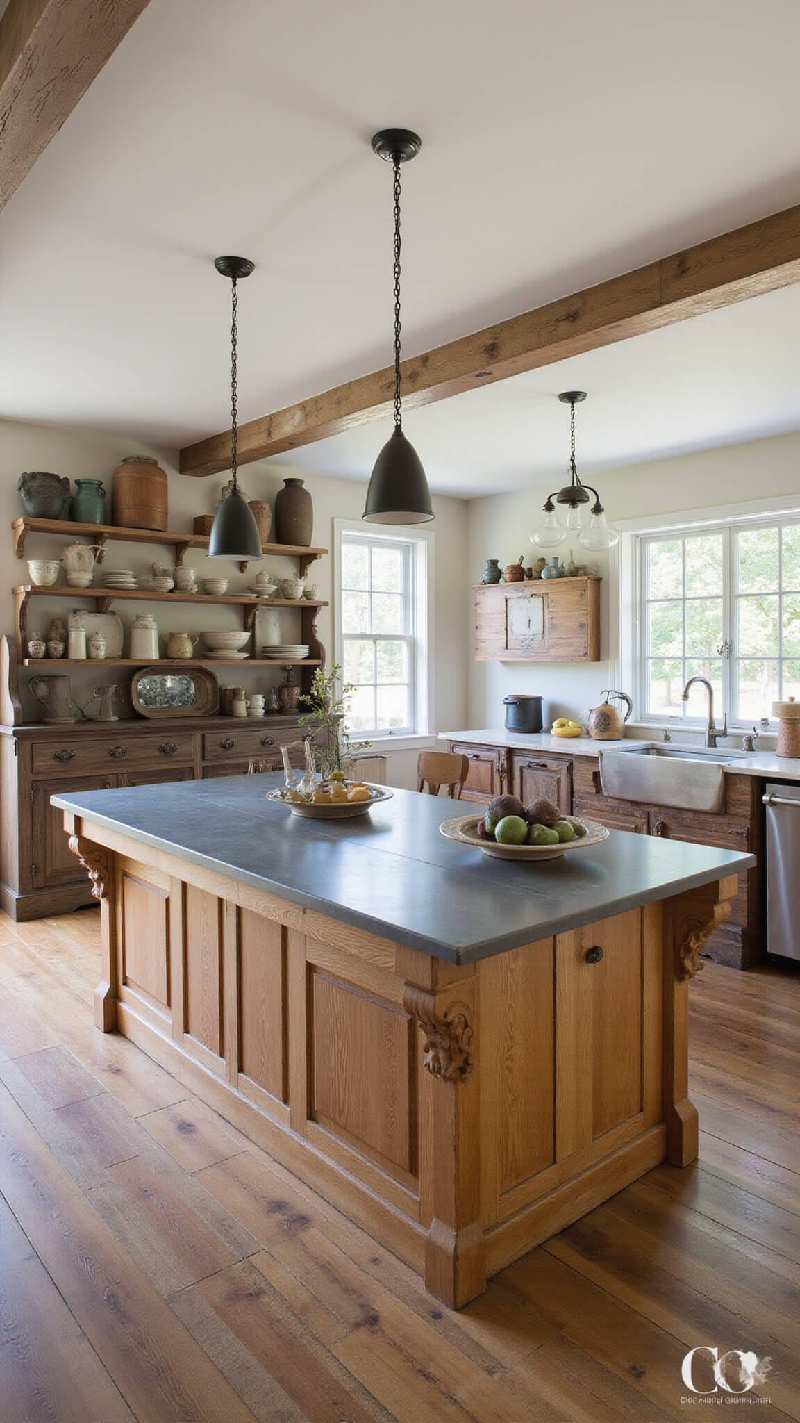 Heritage kitchen with soapstone island, Victorian corbels, antique pew seating, vintage decor, and soft natural light highlighting aged materials.