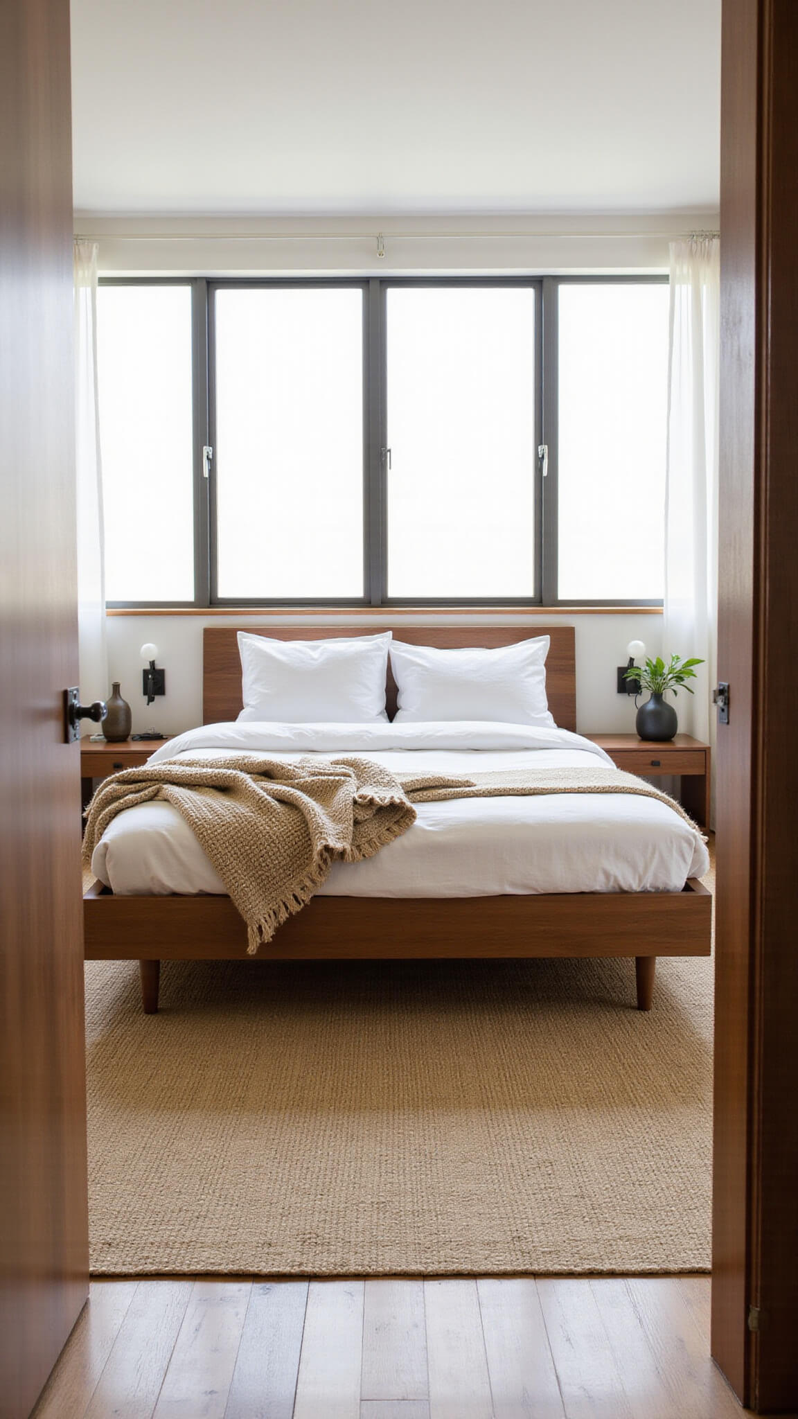 Japandi-style bedroom with low walnut bed, white linen bedding, jute rug, and morning light through sheer curtains.