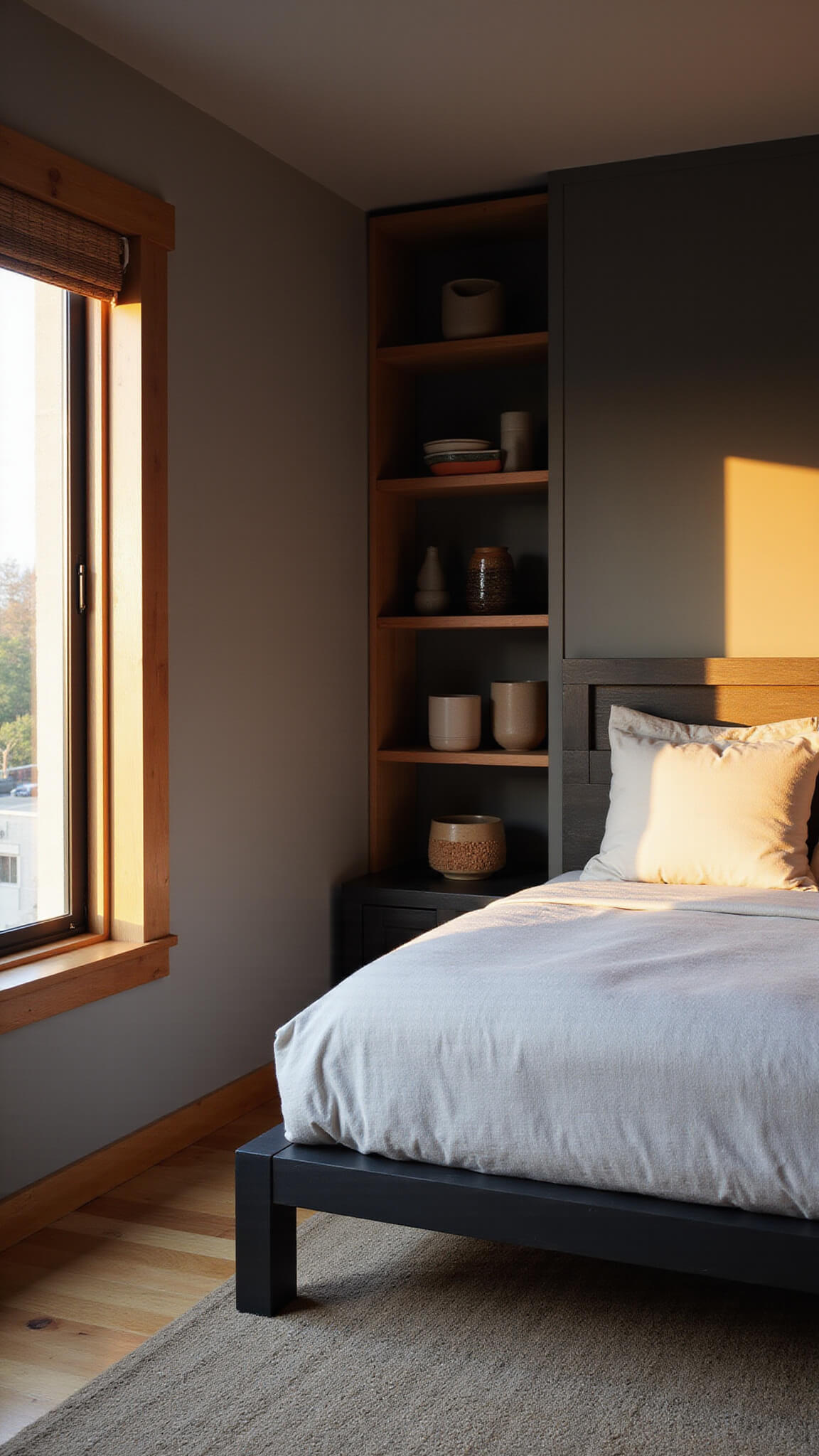 Japandi bedroom with black oak bed, warm gray walls, and golden hour lighting casting shadows on light oak floor.