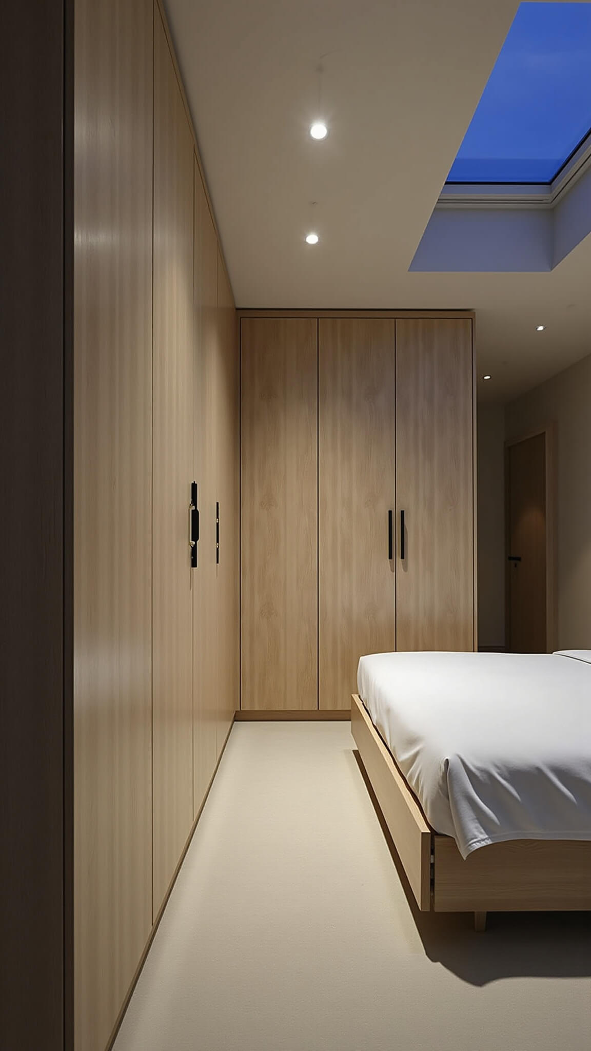 Japandi bedroom with custom bleached oak wardrobes and under-bed storage, lit by warm LED lighting at dusk.