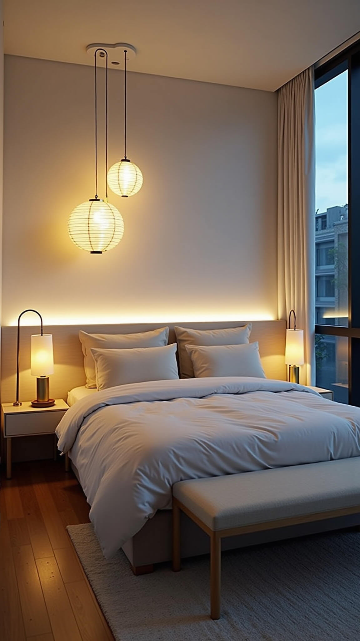 Japandi bedroom at twilight with layered lighting from paper lanterns, LED strips, and brass floor lamp.