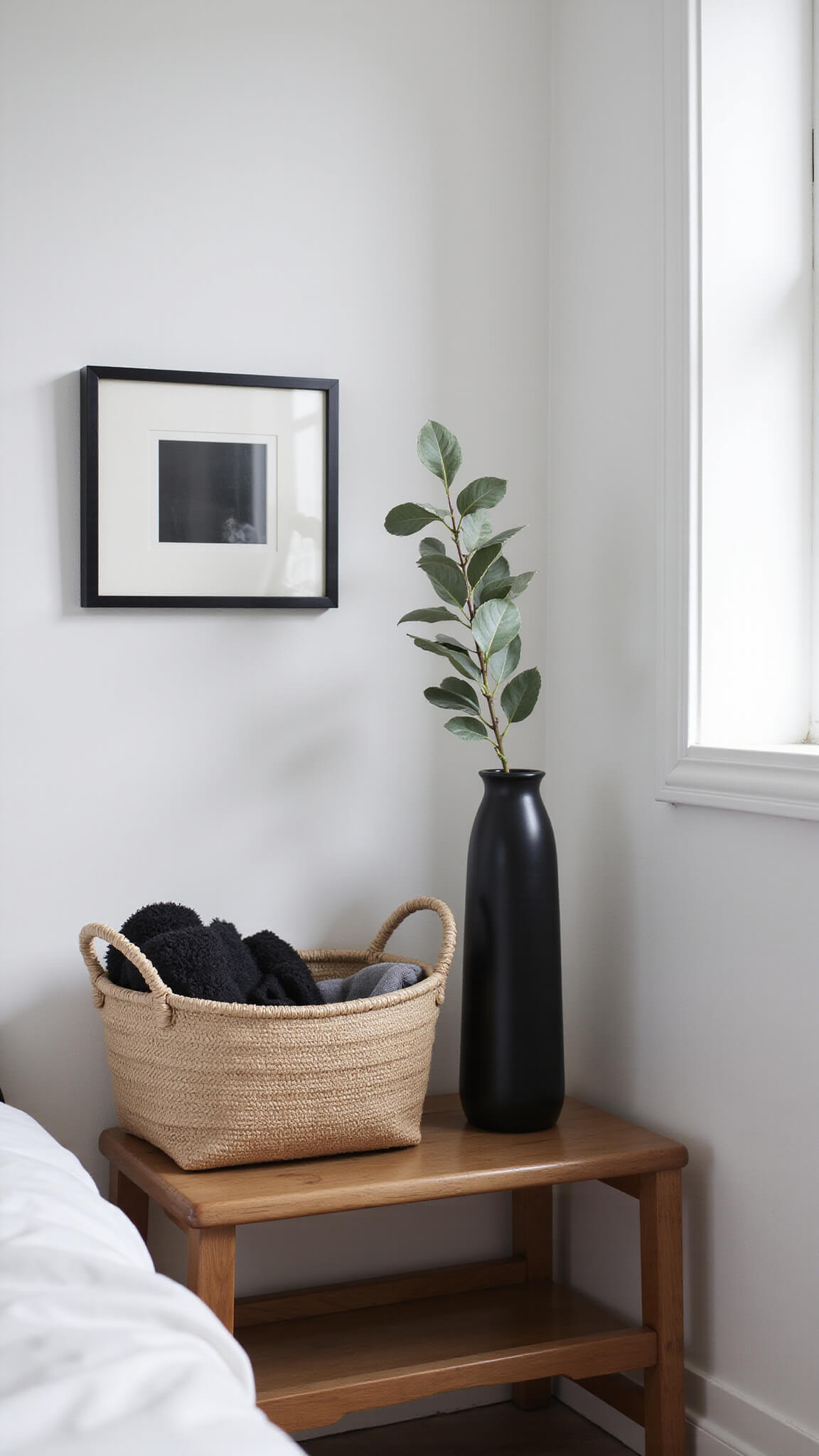 Japandi bedroom corner with black vase holding dried eucalyptus, minimalist art above wooden bench, and woven basket with throws in soft natural light.