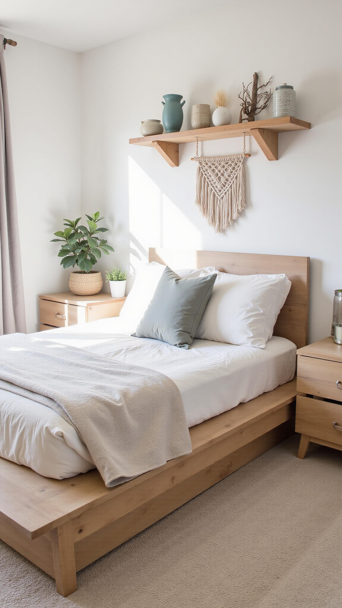 Japandi-style bedroom with thrifted wooden furniture, DIY platform bed, floating shelves with vintage ceramics, and macramé wall hanging in soft morning light.