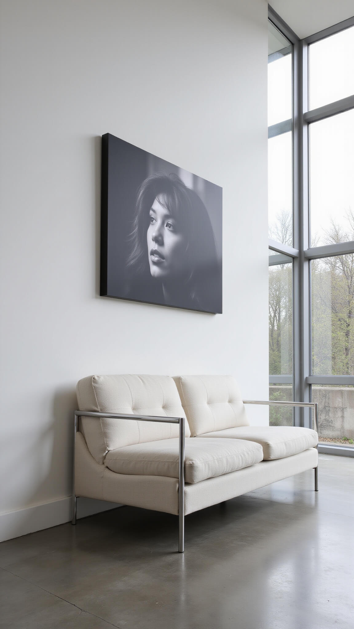 Minimalist contemporary living space with ivory bouclé sofa, large black and white photo, floor-to-ceiling windows, and polished concrete floors.