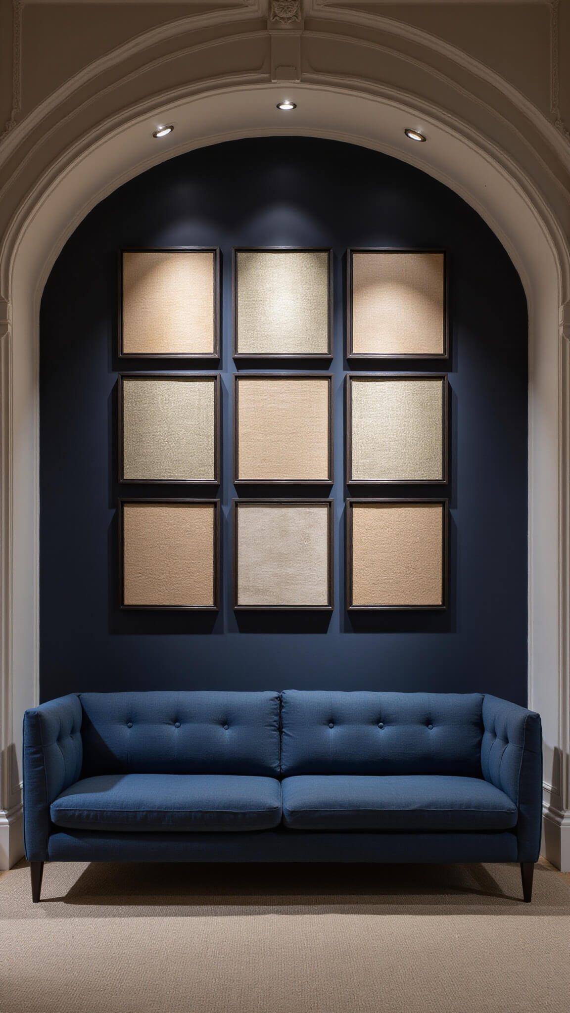 Sophisticated living room with navy linen sofa and symmetrical grid of 9 textural art frames, set against architectural arches in dusk lighting.