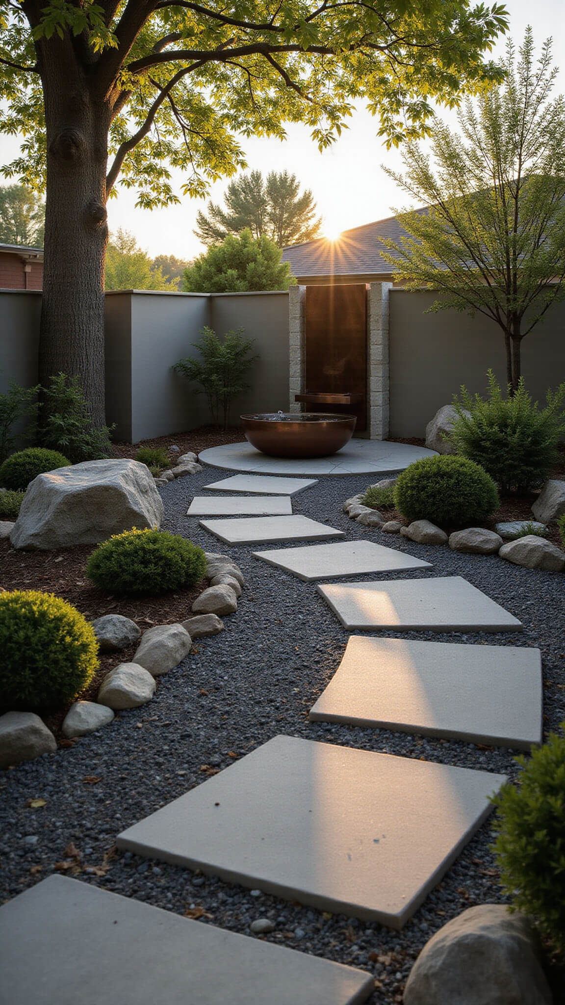 Low-angle view of a tranquil Japanese-inspired backyard garden at golden hour, featuring a curved stone path through raked gravel, dwarf maple trees, sculptural boulders with uplighting, and a modern copper water feature.