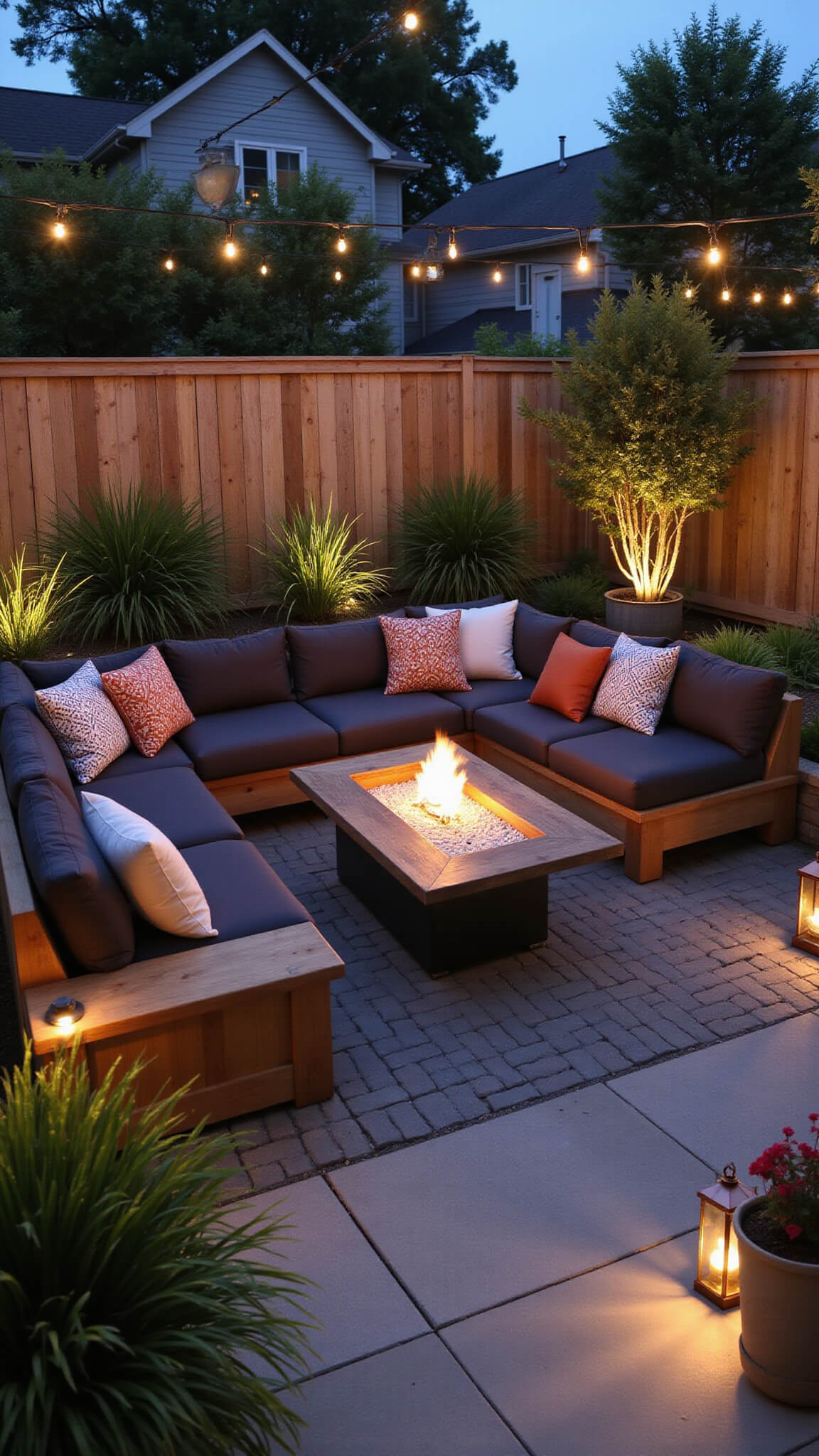 Dusk view of cozy urban patio with L-shaped seating around gas fire pit, glowing string lights, teak dining set, and ambient lighting among ornamental grasses.