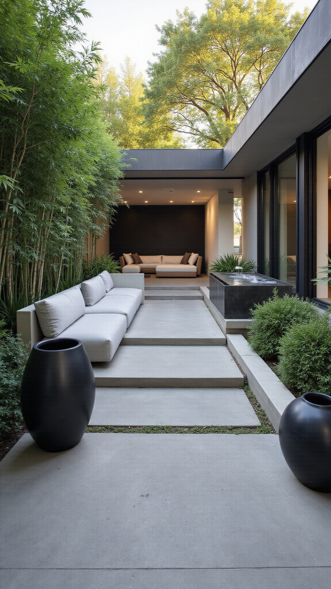 Modern minimalist garden room with floating concrete platforms, geometric water feature, built-in benches, black bamboo, and oversized charcoal planters in morning light.
