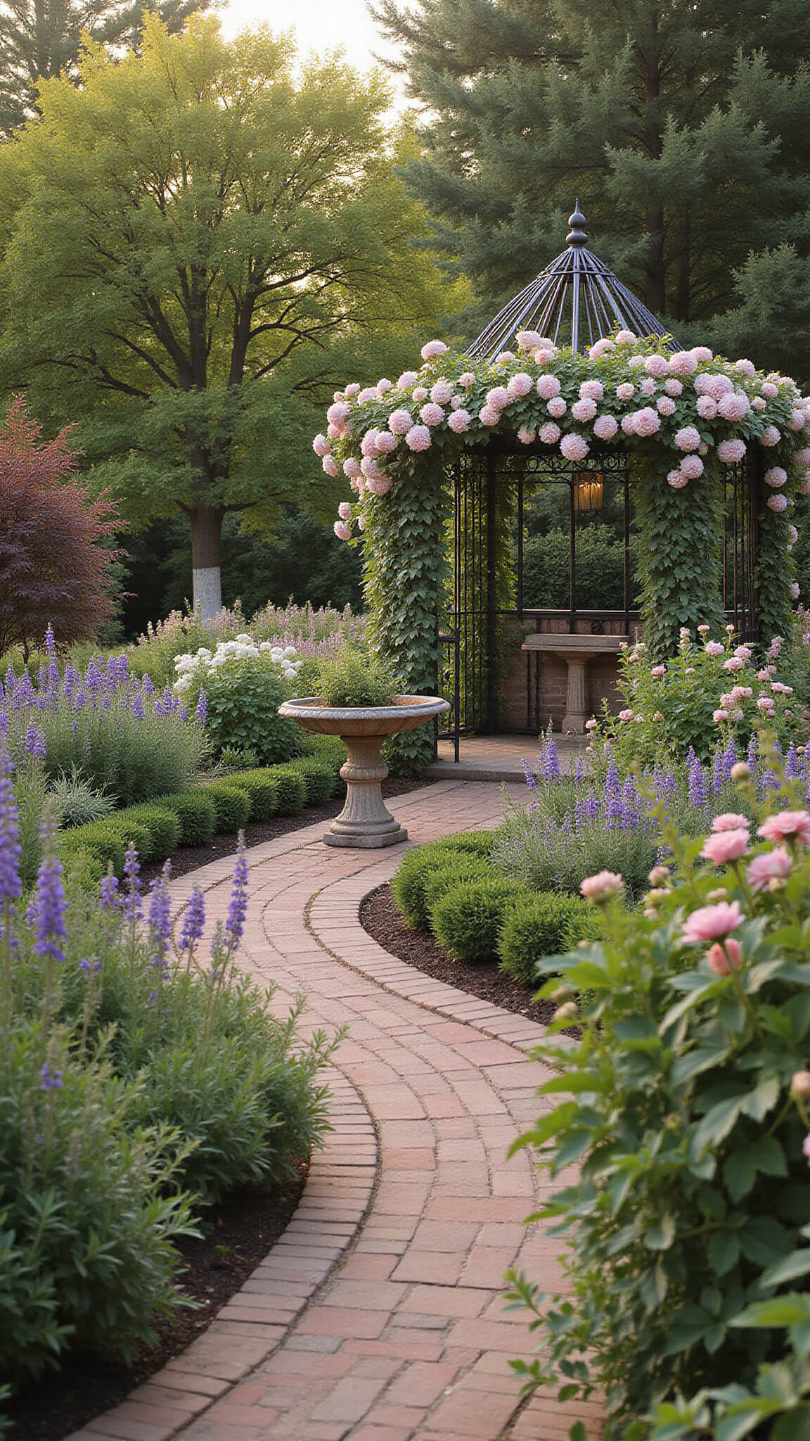 Romantic cottage garden with lavender and roses framing a vintage iron gazebo, curved brick paths, soft pastel perennials, and a sunlit stone bird bath.