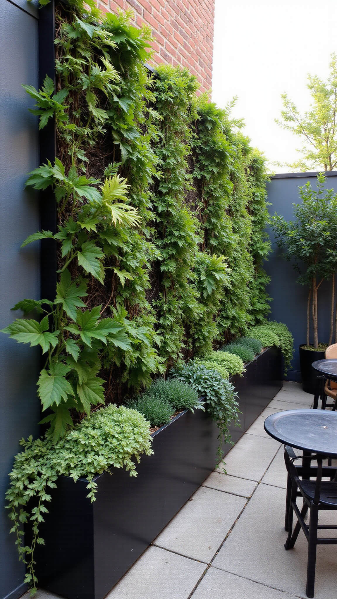 Vertical city garden with lush green living wall of ferns, sedums, and vines, integrated drip irrigation, and powder-coated steel bistro set surrounded by container plants, viewed from below.