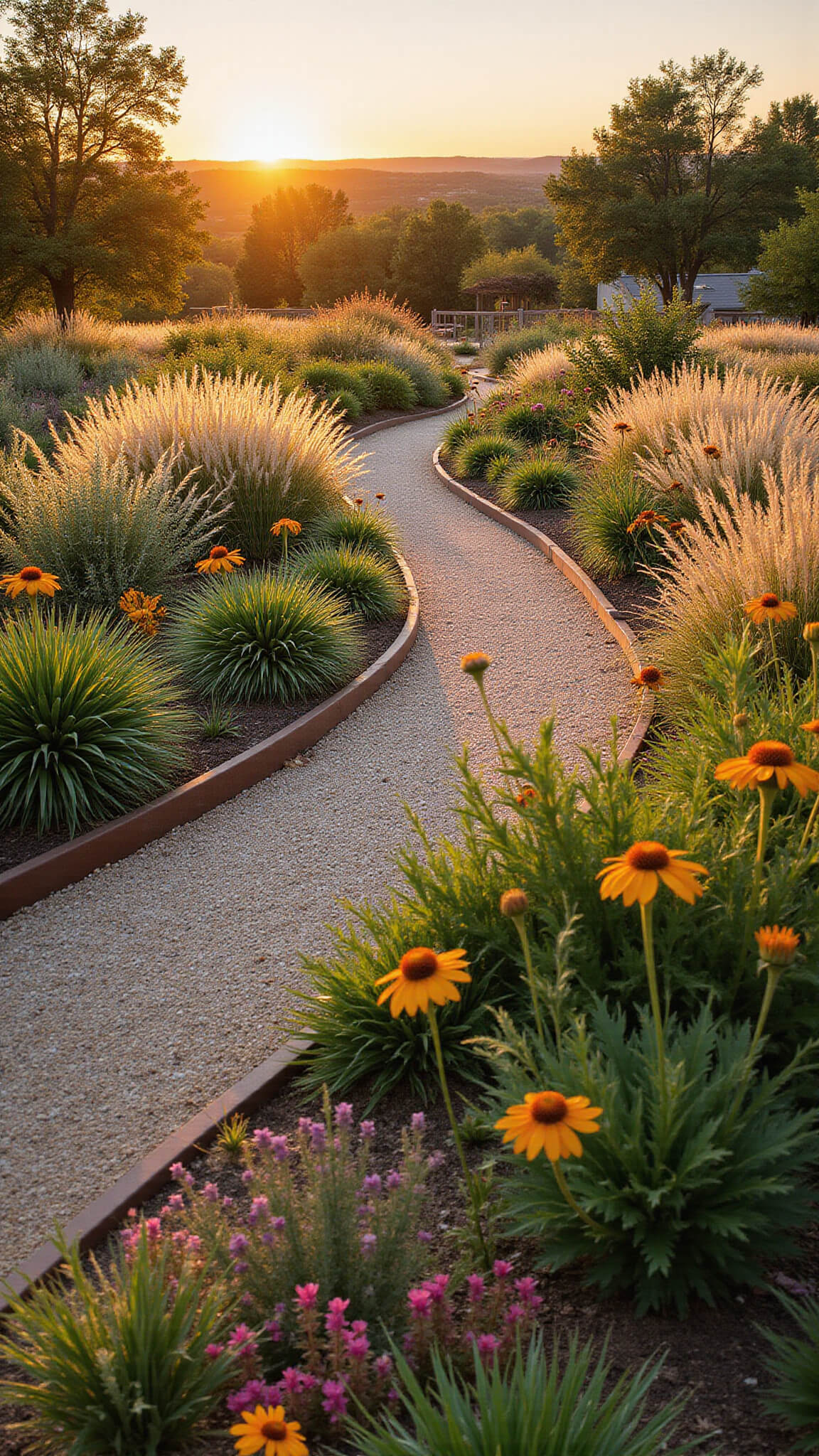 Golden hour view of a naturalistic prairie-style garden with ornamental grasses, native perennials, curved cor-ten steel edging, and a gravel path leading to a modern pergola.