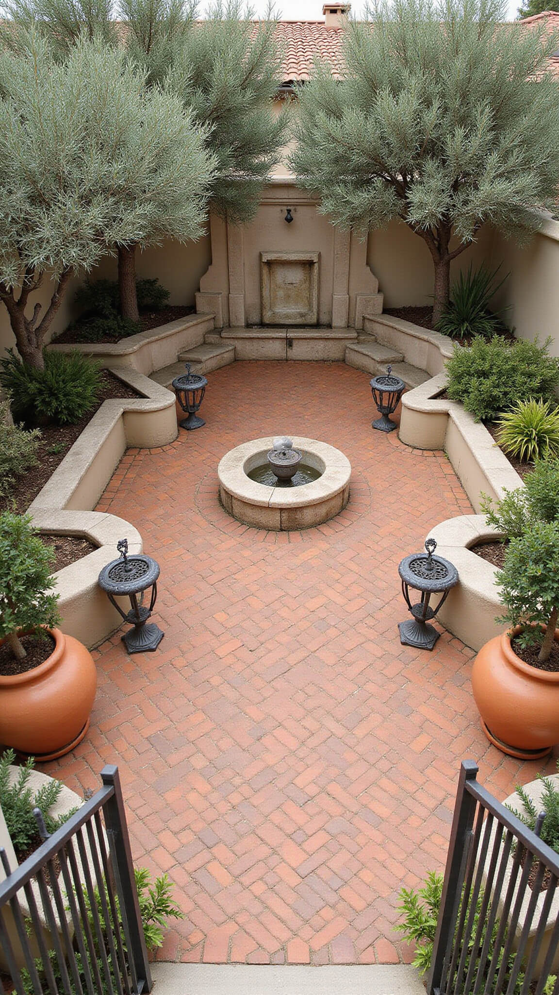 Overhead view of a Mediterranean courtyard with terracotta paving, built-in concrete seating, olive trees in large pots, a limestone wall fountain, and drought-tolerant plants in silver and sage tones.