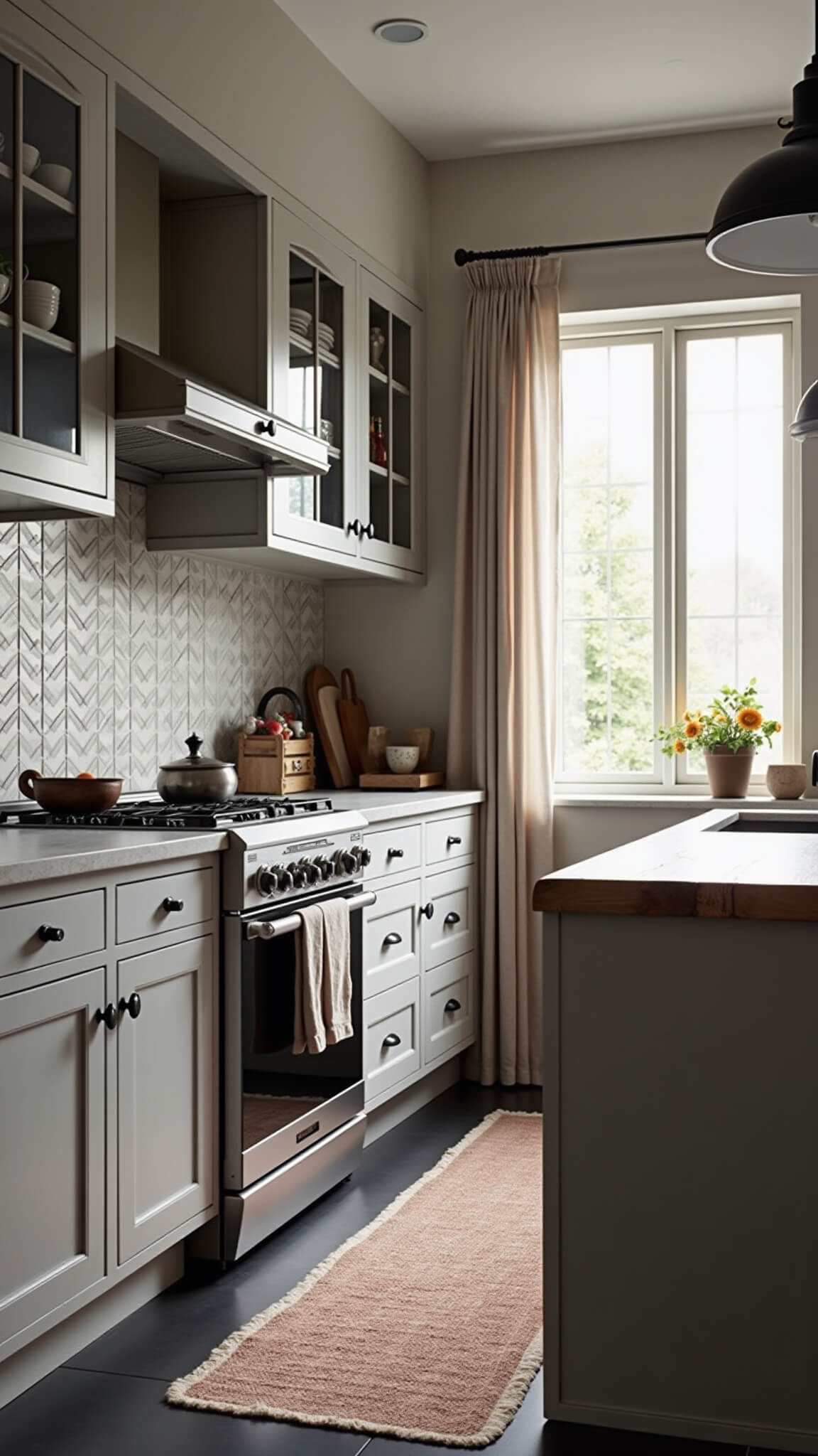 Low-angle view of cozy morning kitchen with gray-greige cabinets, butcher block island, soft dawn light, and vintage rug.