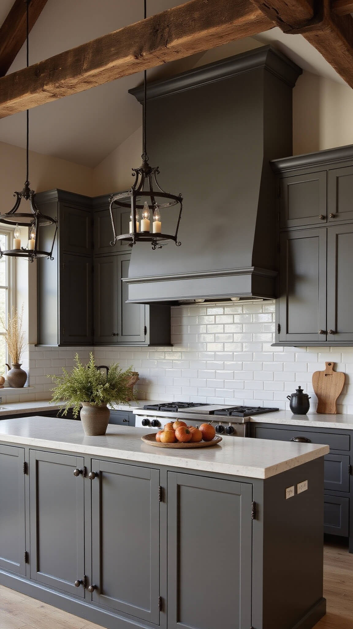 Moody farmhouse kitchen with vaulted ceiling, warm gray beaded cabinets, soapstone counters, subway tile, and antique brass hardware.