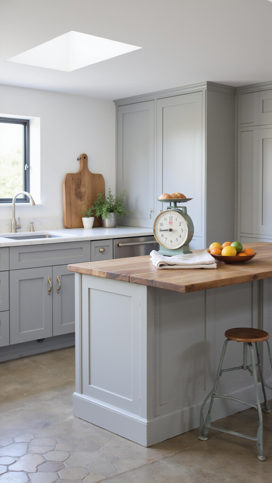 Overhead view of bright morning kitchen with gray island and barn wood top, vintage scale, marble pastry surface, and artisanal props on hexagon cement floor.