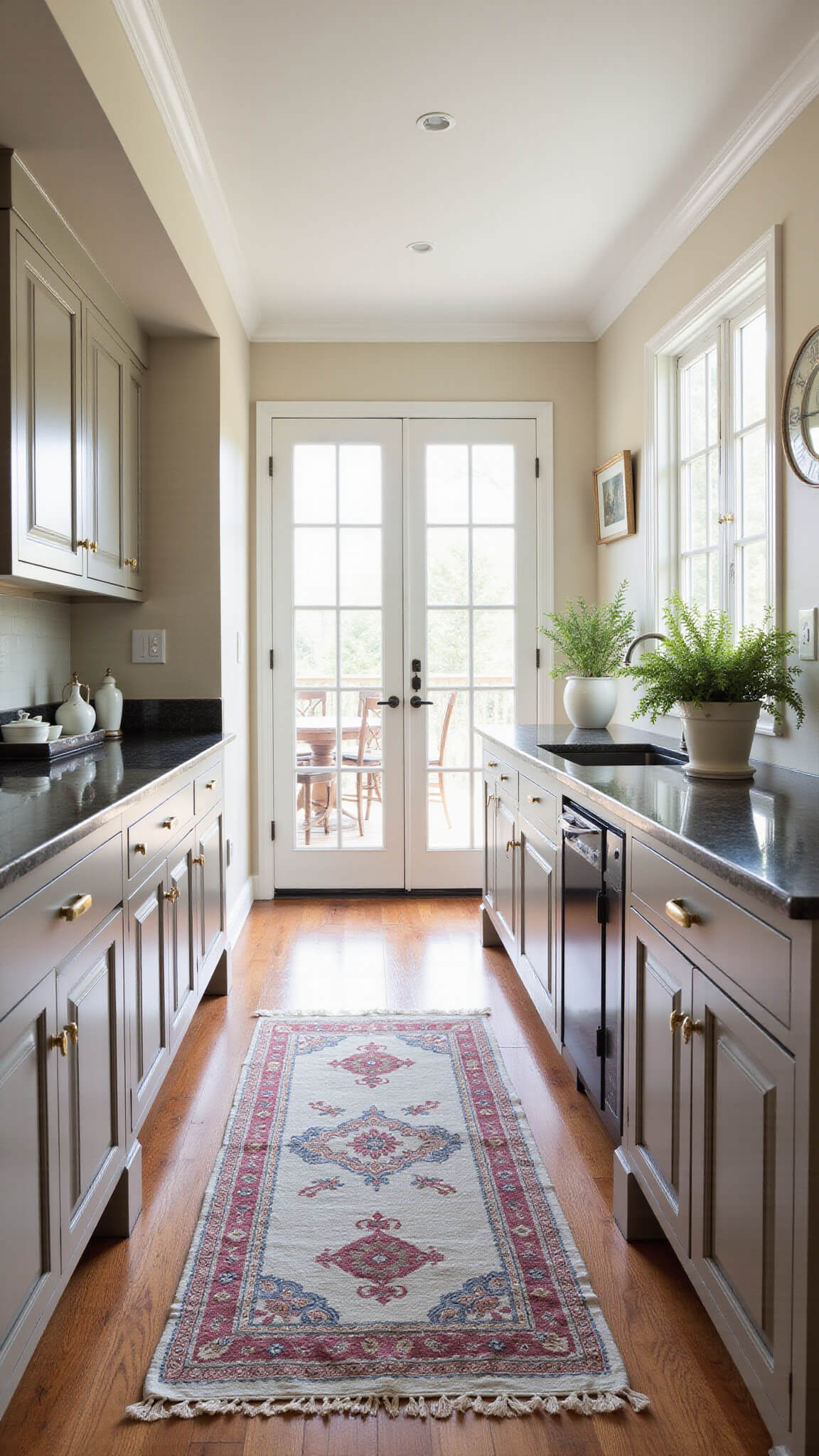 Late afternoon light illuminates a greige kitchen with ceiling-height cabinets, brushed gold hardware, charcoal granite counters, and a vintage red-blue runner.