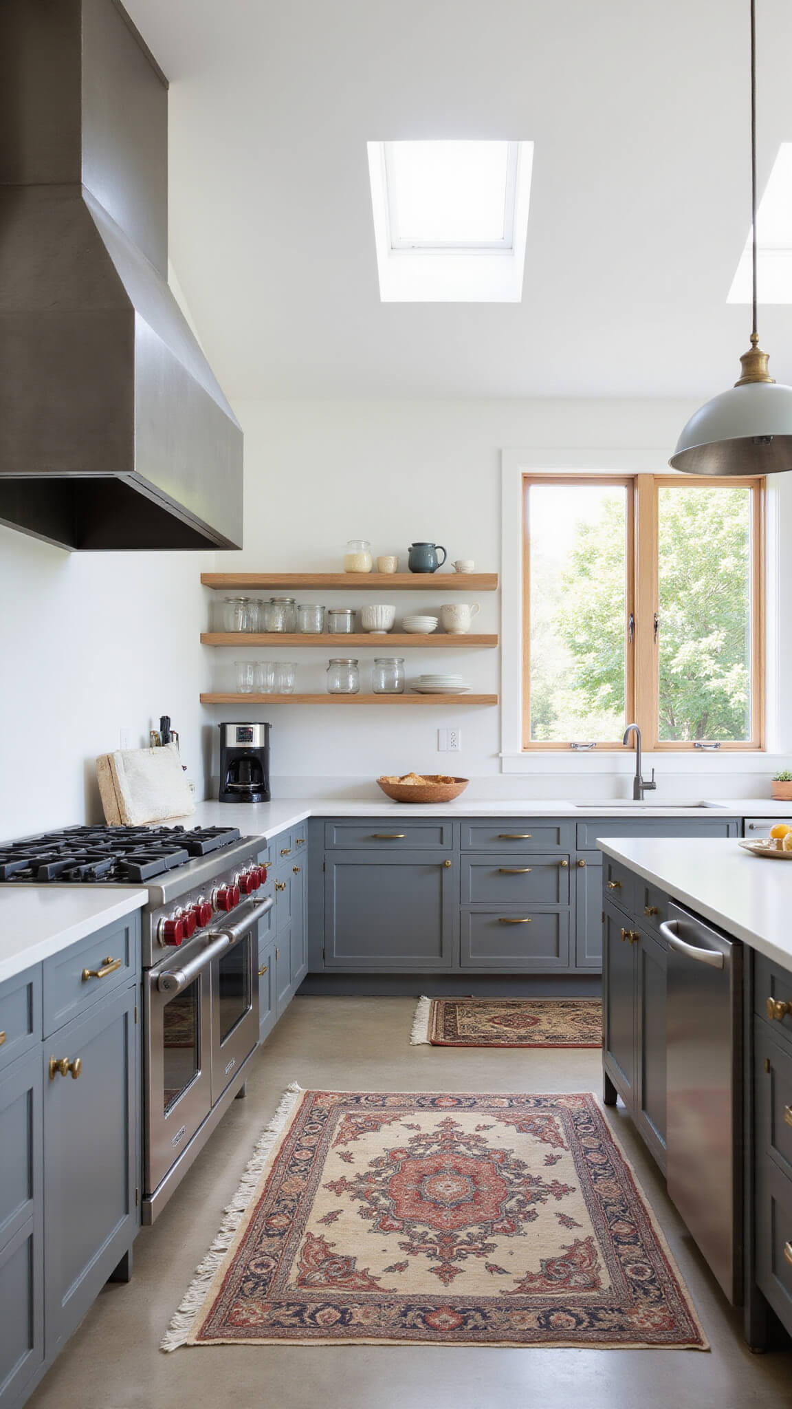 Open concept kitchen with two-tone gray cabinets, zinc hood, white oak shelves, and morning light streaming through clerestory windows.