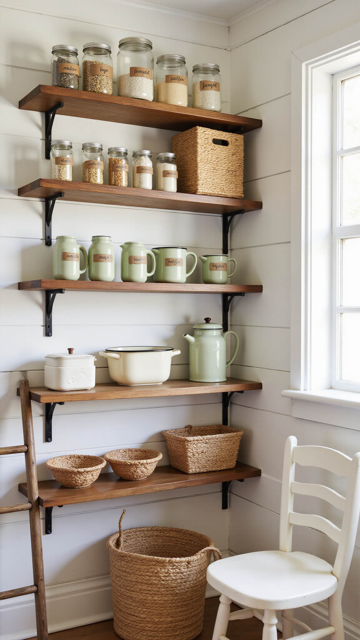 Sunlit farmhouse pantry with white shiplap walls, wooden shelves holding labeled mason jars, vintage enamelware, seagrass baskets, and a leaning wooden ladder, bathed in warm morning light.