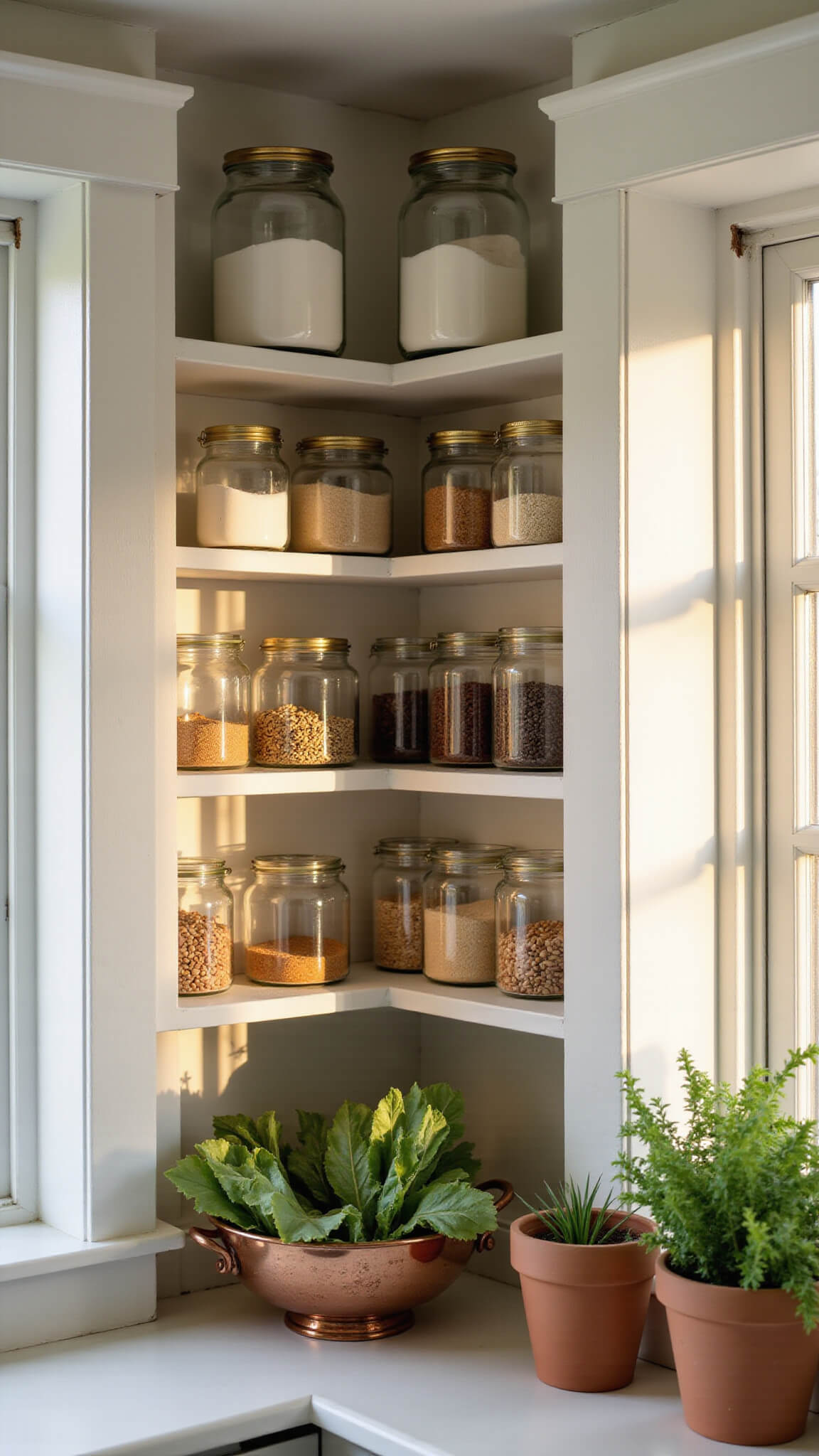 Cozy 6x6 pantry nook at golden hour with white wooden shelves, antique brass hardware, glass canisters of grains, fresh produce in a copper colander, and terracotta pots of herbs on a backlit windowsill.