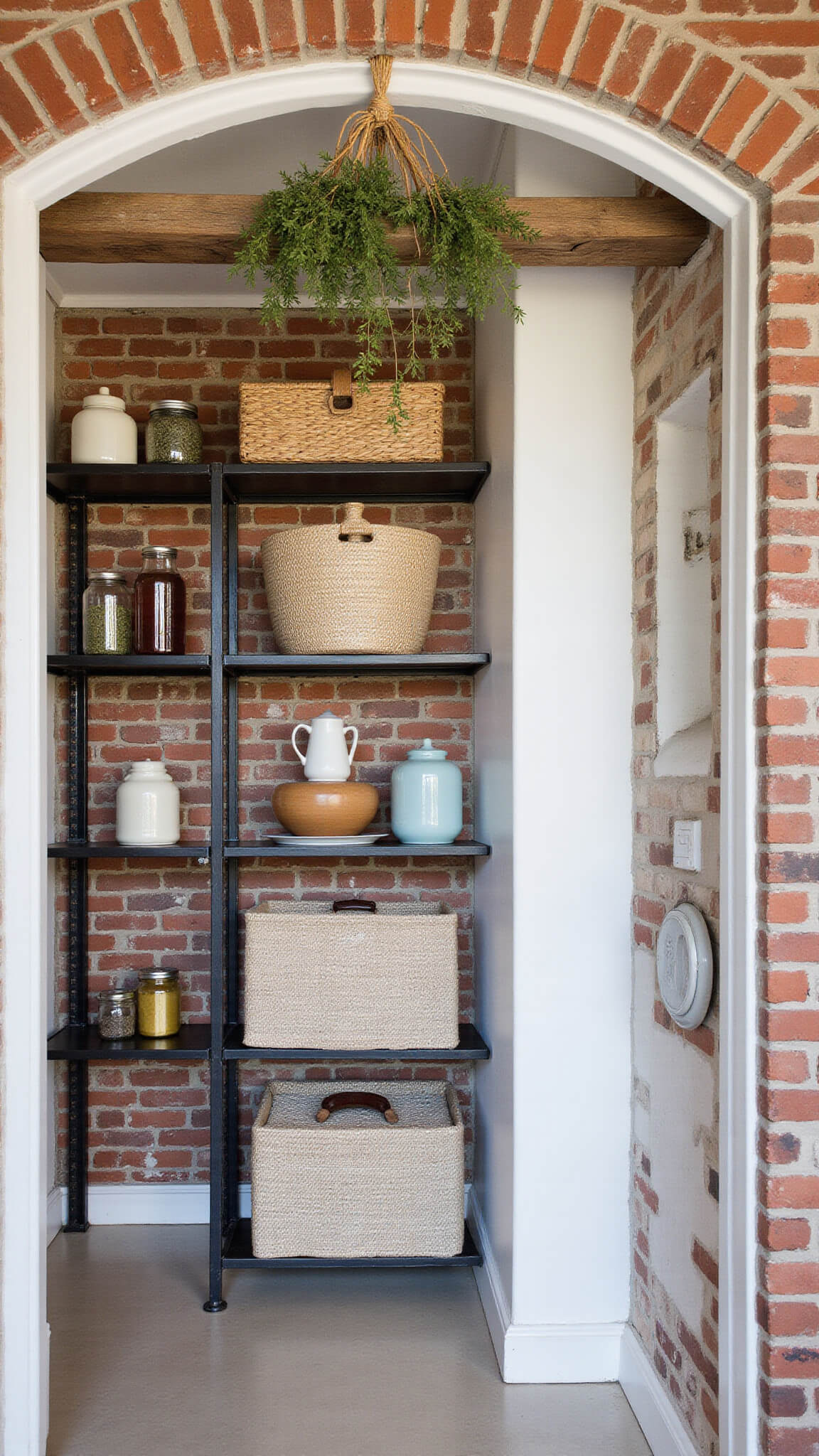 Walk-in pantry with arched doorway, exposed brick and white plaster walls, black metal shelving with vintage jars and baskets, dried herbs hanging from wooden beam, and ceramic vessels in coastal farmhouse style, lit by mid-morning side light.