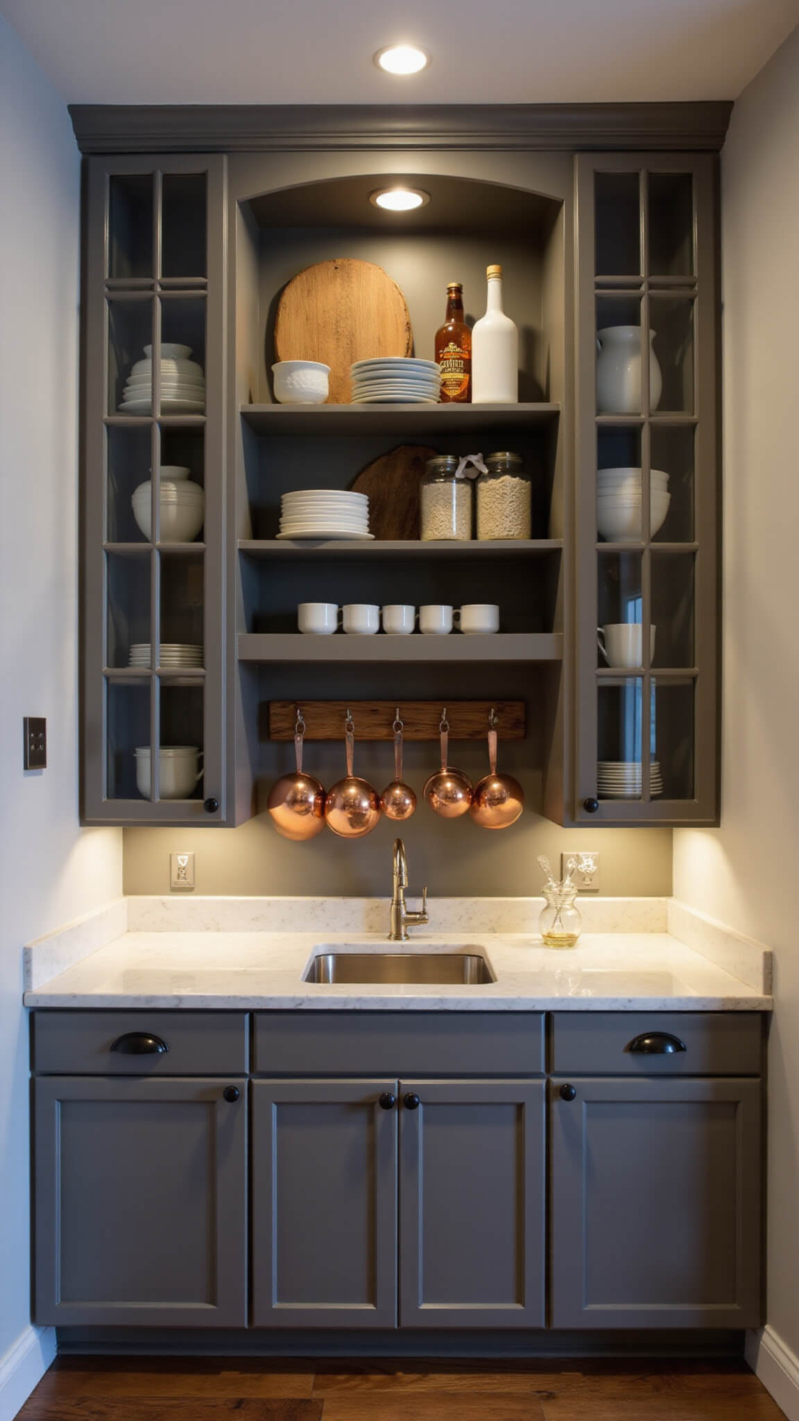 Moody butler's pantry alcove with gray chalk-painted cabinets, glass-front doors displaying white ironstone, amber bottles on open shelves, marble countertop, and hanging copper measuring cups under warm dusk lighting.