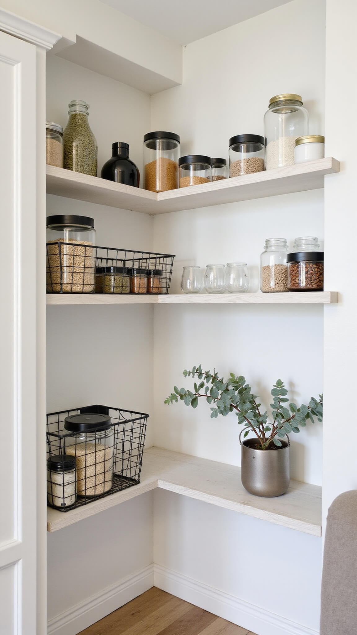 Modern farmhouse pantry with white oak floating shelves on Simply White walls, glass canisters with black lids, vintage wire baskets, and potted eucalyptus, viewed from corner under vaulted ceiling in bright daylight.