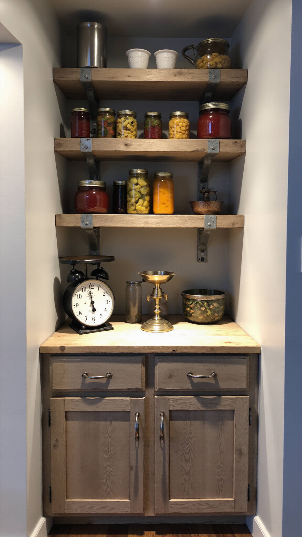 Rustic pantry in former mudroom with reclaimed wood shelves, vintage apple crate drawers, mason jar preserves, and antique scale, lit by mixed blue hour and warm lighting.