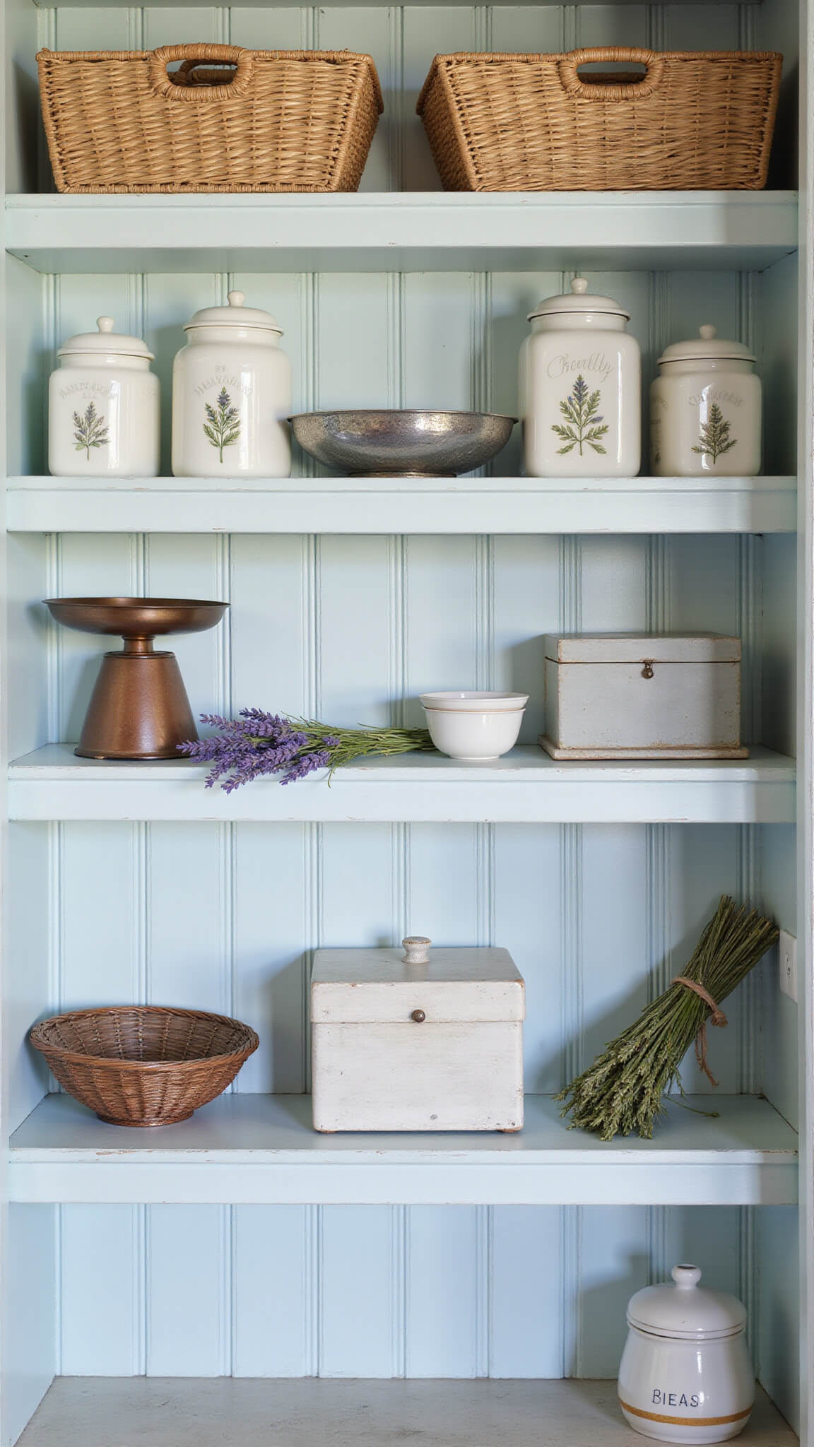 Cottage-style pantry with robin's egg blue open shelves, white ceramic canisters, seagrass baskets, aged copper accents, and fresh lavender bundles, softly lit to highlight textures.