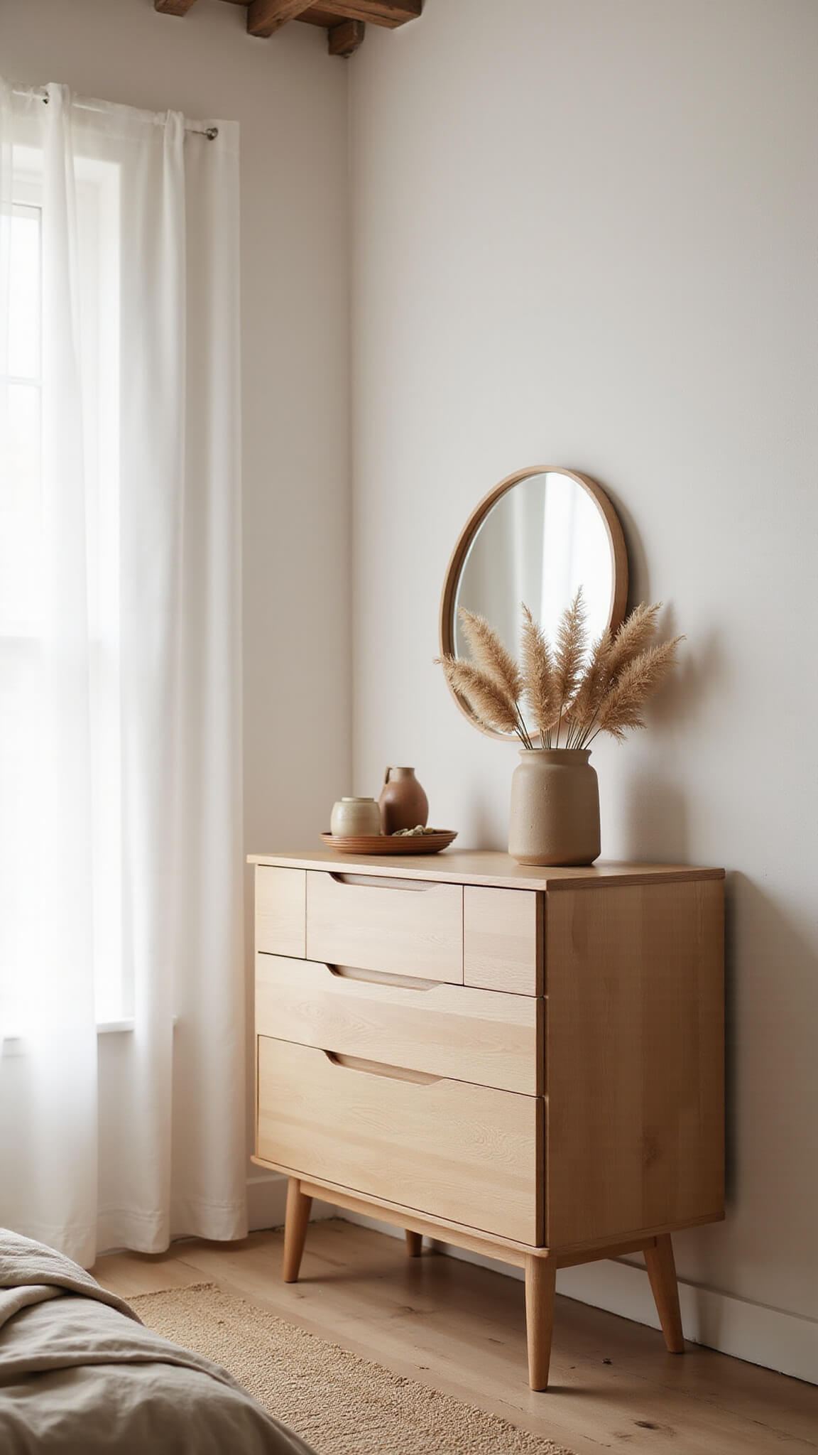 Serene bedroom with Japandi pale oak dresser, circular mirror, and natural décor in soft morning light.