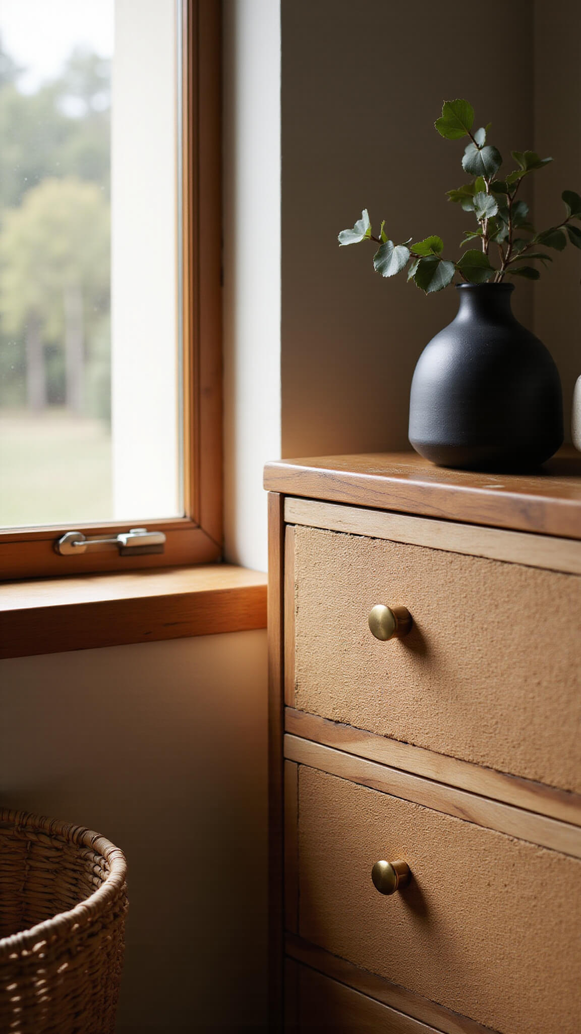 Close-up of a Japandi rubberwood dresser with rattan drawers, brass hardware, and warm golden light highlighting natural textures.