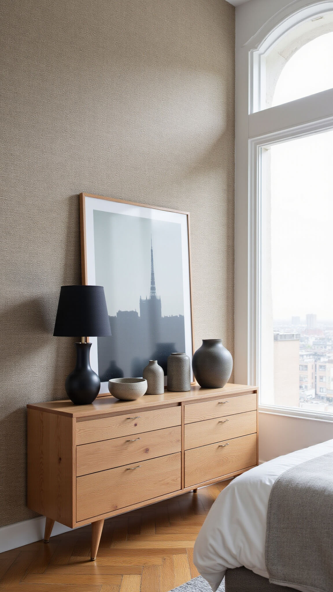 Modern master bedroom corner with ash wood Japandi dresser, minimalist decor, and greige grasscloth wallpaper, set against herringbone floors and soft daylight from tall windows.