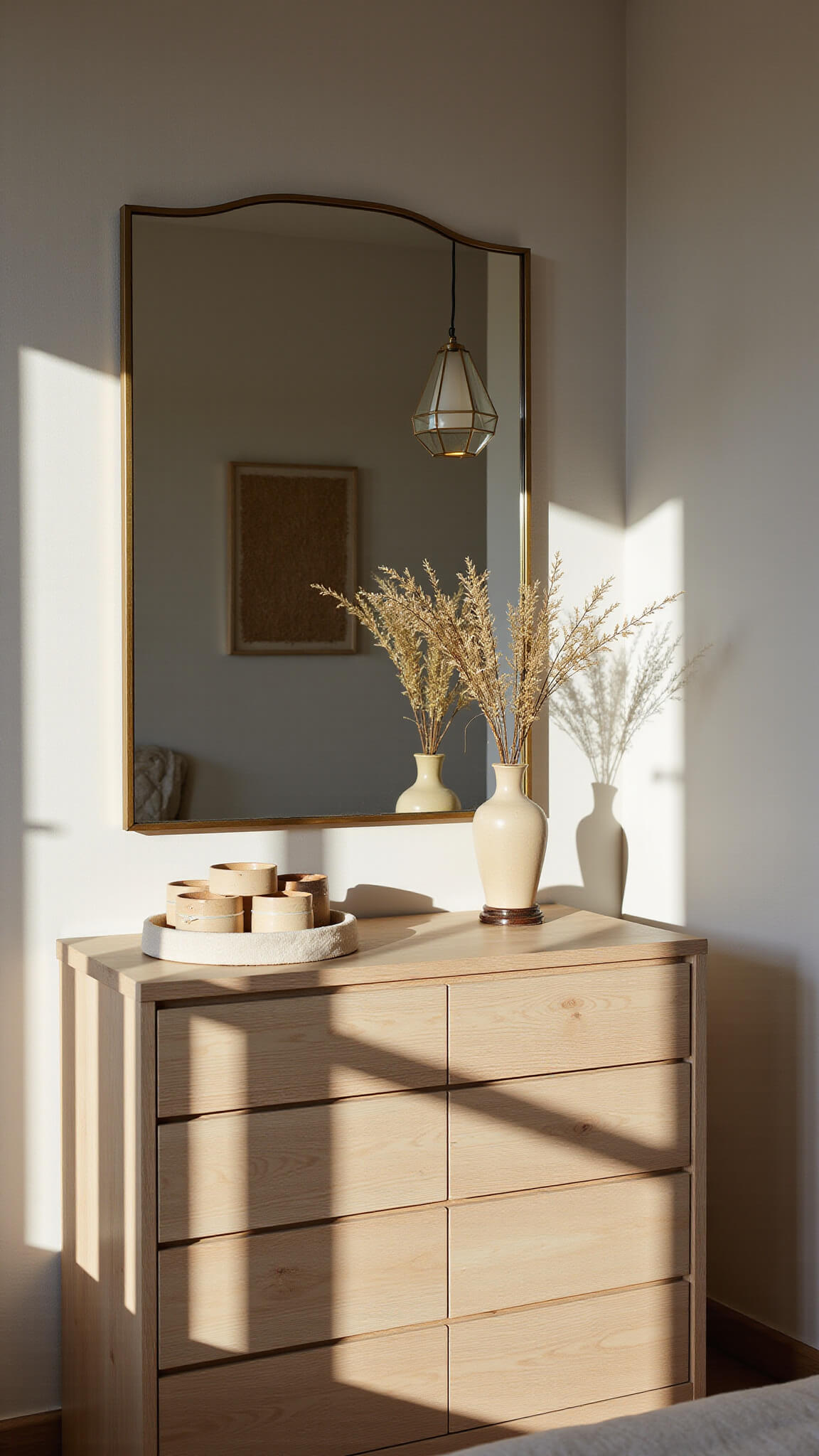 Japandi-style dressing area with bleached oak dresser, brass mirror, ceramic decor, and warm twilight lighting.