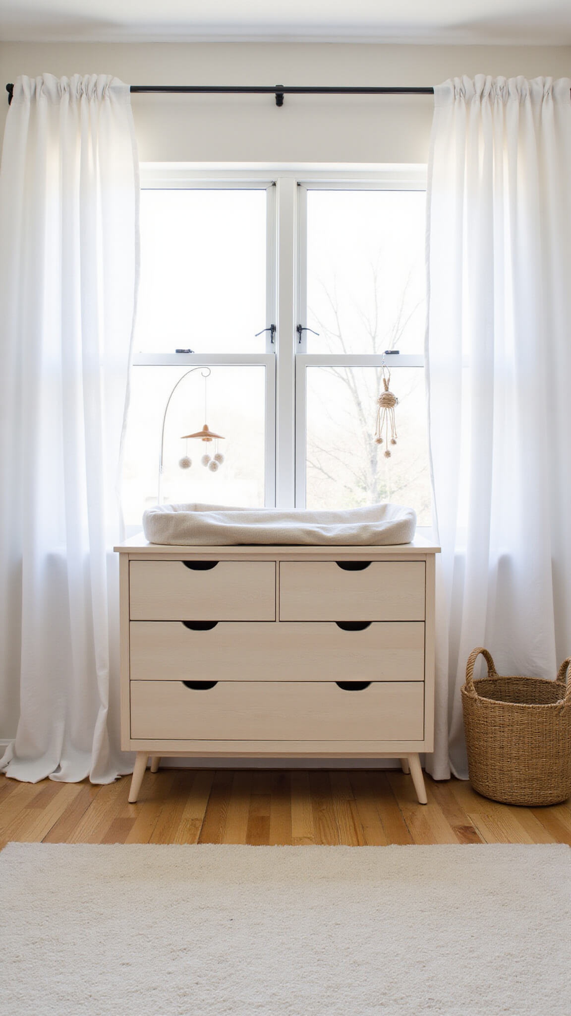 Elevated view of light-filled nursery with pale rubberwood Japandi dresser as changing station, white muslin curtains, linen changing pad, rattan baskets, neutral-toned mobile, and cream wool rug.