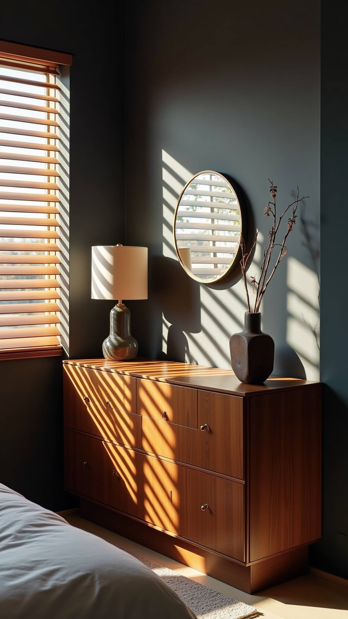 Contemporary guest room with walnut Japandi dresser, modern lamp, ceramic sculpture, and brass mirror against charcoal accent wall, lit by dramatic afternoon shadows through slatted blinds.