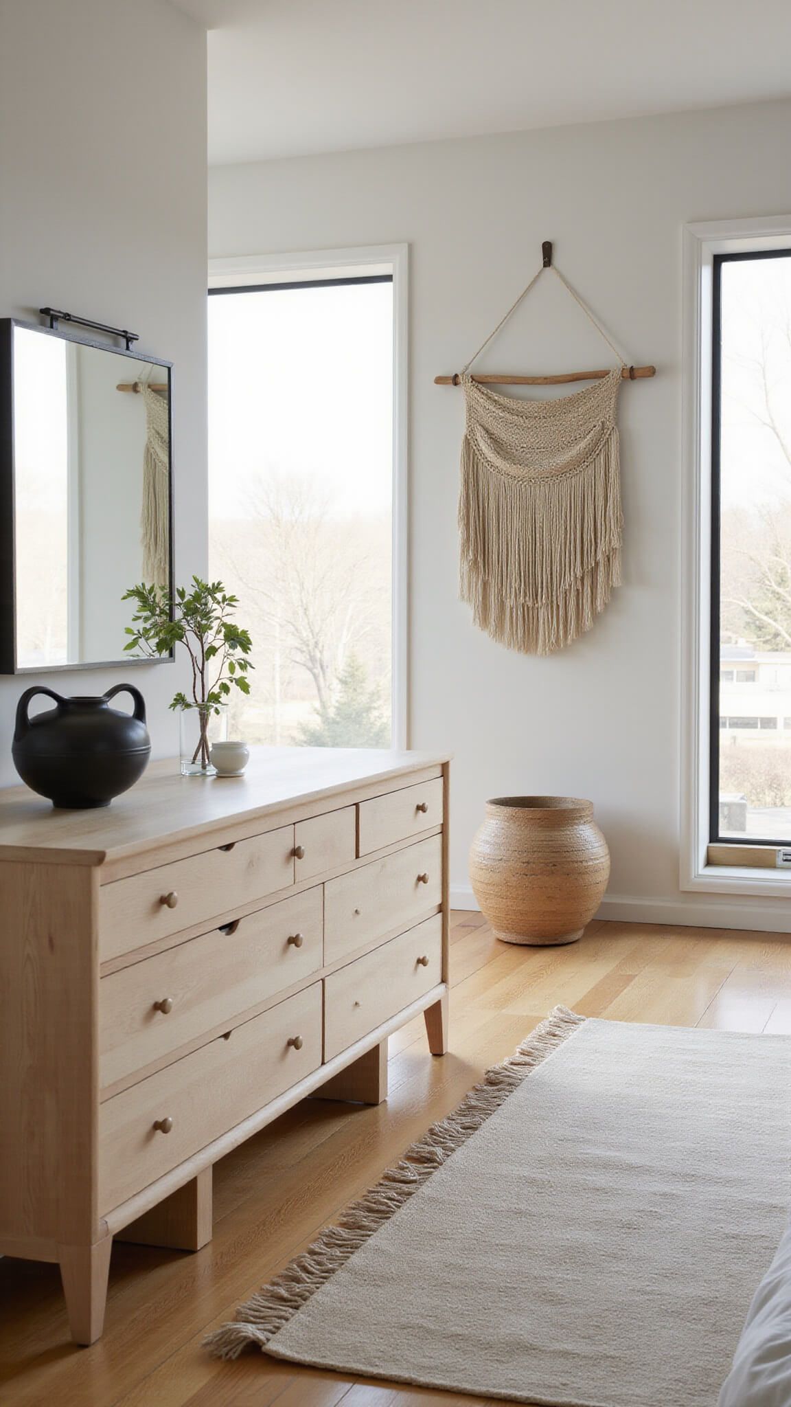 Minimalist primary bedroom with oversized light ash Japandi dresser, large pottery, handwoven wall hanging, blackened steel mirror, and white oak floors, bathed in golden morning light through floor-to-ceiling windows.