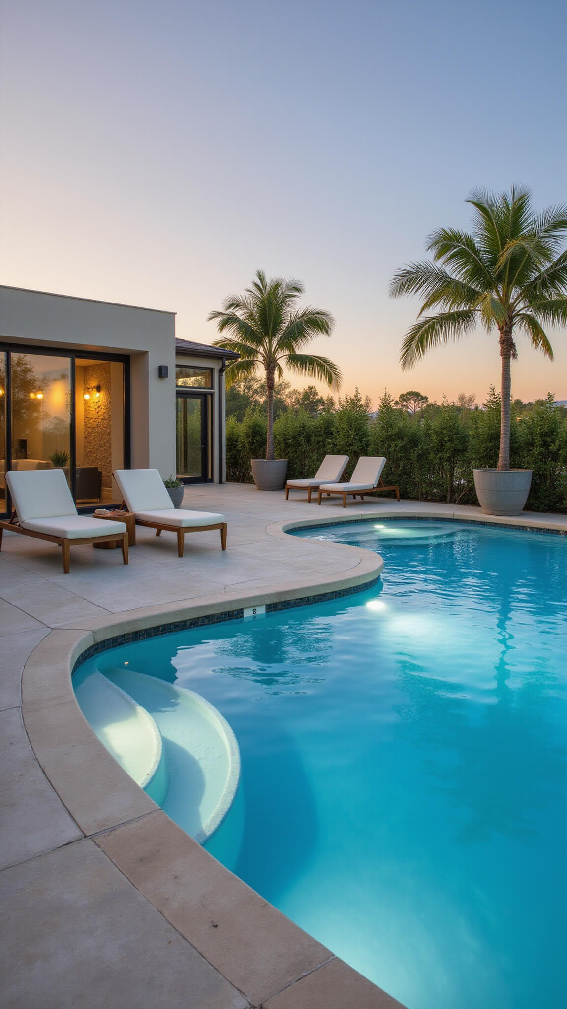 Luxurious cocktail pool at golden hour with infinity edge, LED-lit steps, submerged seating in azure water, cream lounge chairs, potted palms, and travertine decking.