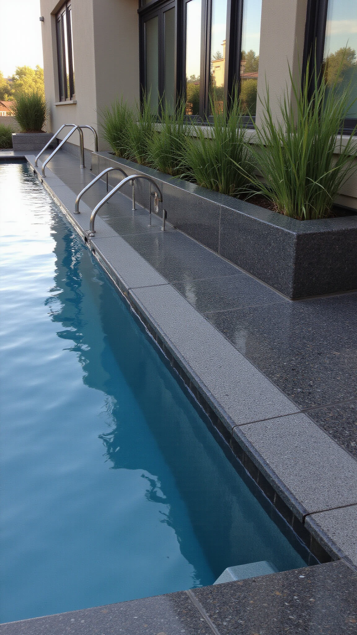Contemporary 24x12ft lap pool with charcoal granite coping, still deep blue water reflecting modern home’s glass walls, vertical garden wall with grasses, stainless steel ladder, and dramatic morning shadows.