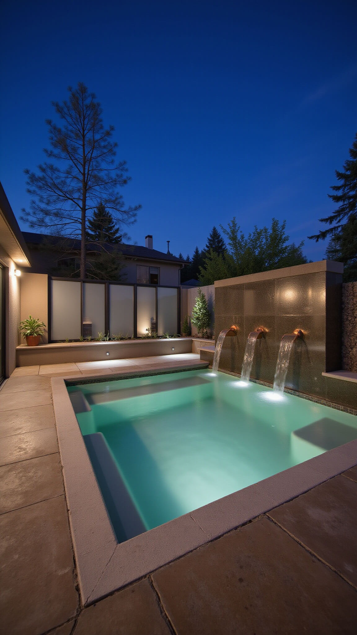 Modern 8x8ft square plunge pool at dusk with dark bottom, copper water spouts, glass privacy panels, and illuminated concrete deck.