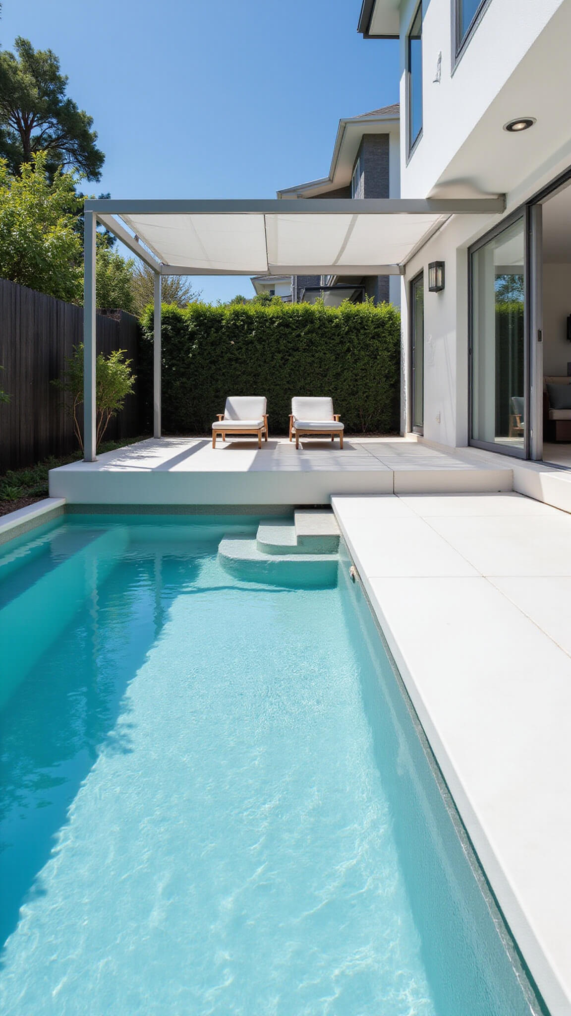 Modern modular pool with white composite decking, built-in storage benches, minimalist steel pergola, and bright turquoise water under noon sunlight.