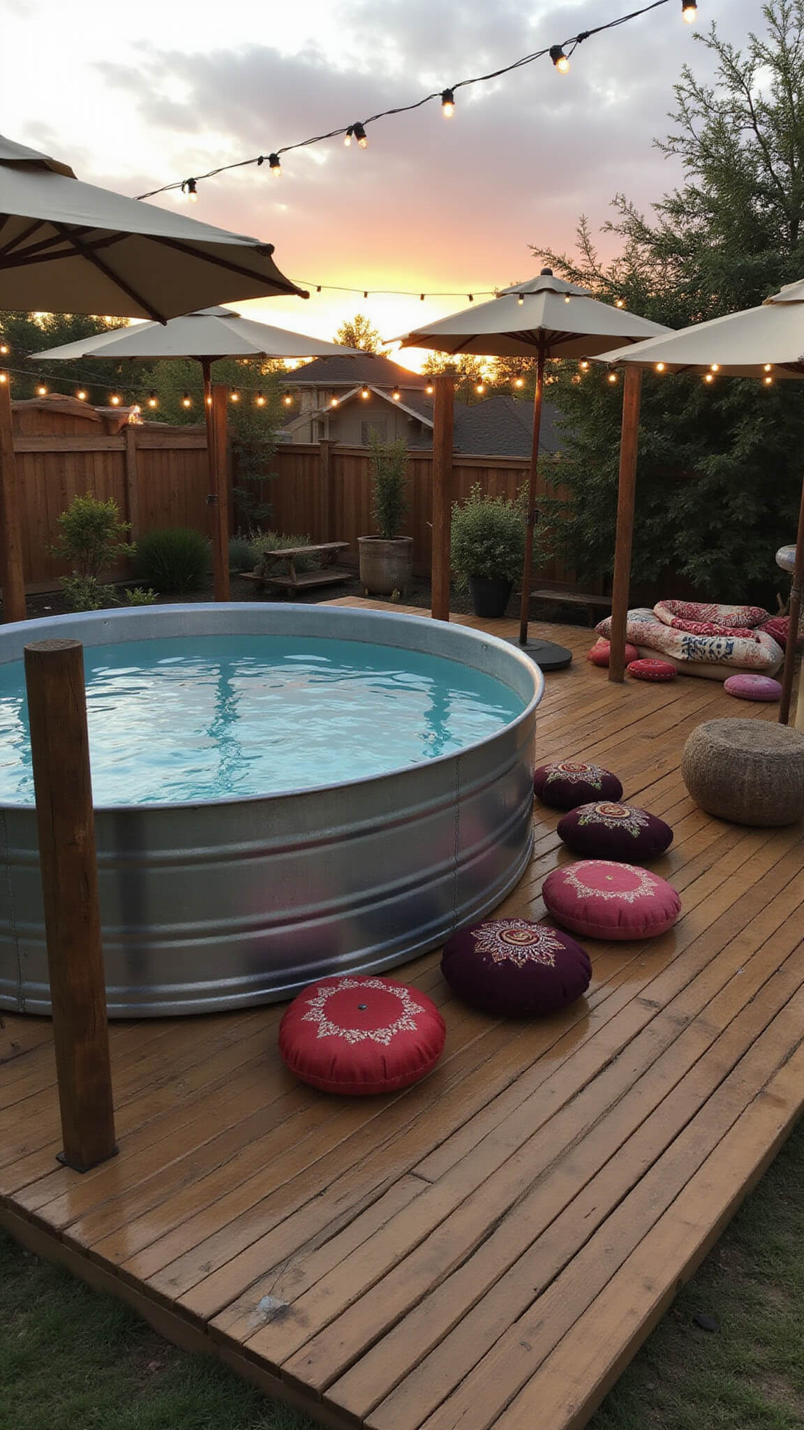 Rustic-chic stock tank pool with wood deck, string lights, vintage umbrellas, and colorful poufs at sunset.