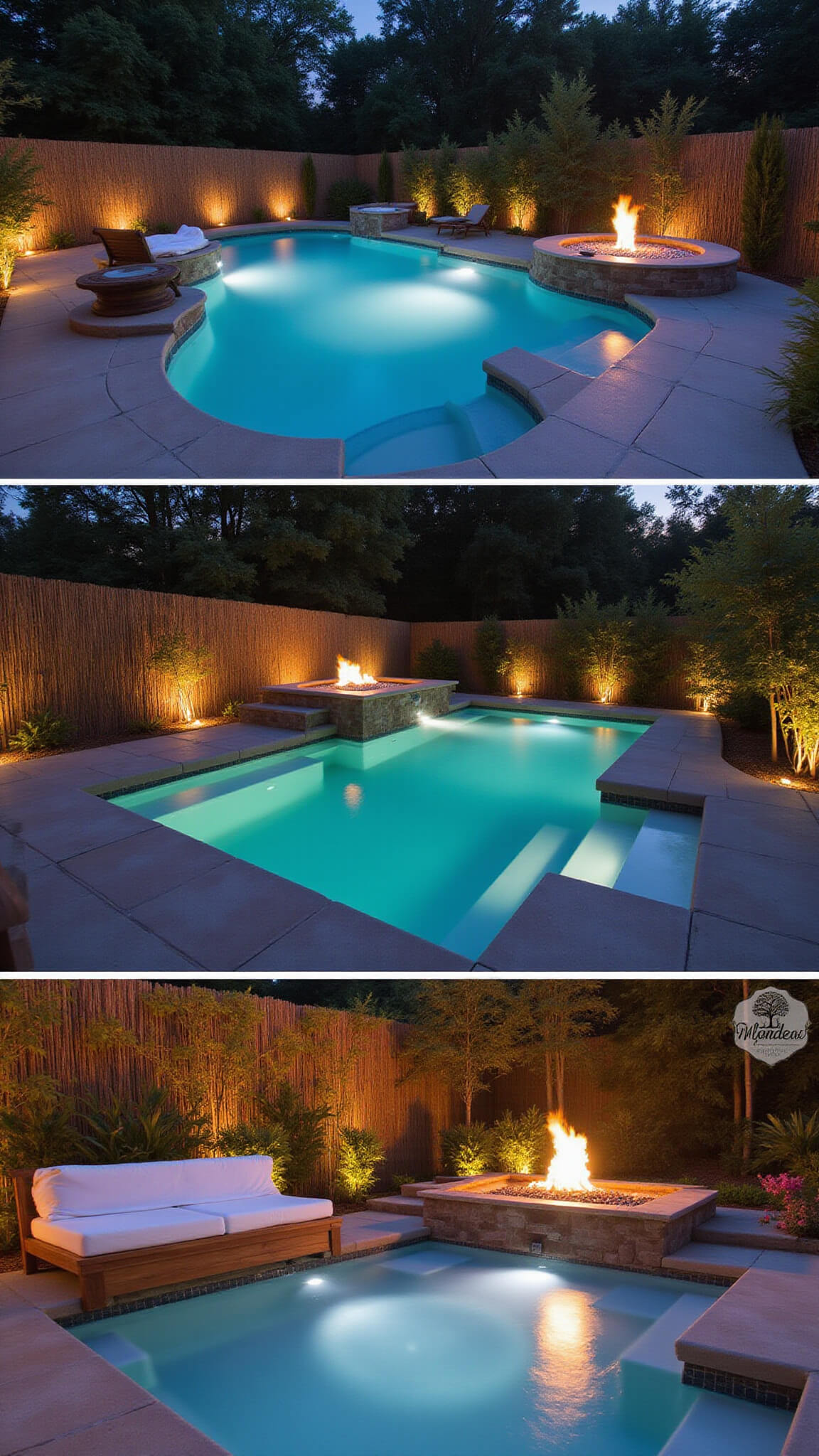 Modern L-shaped pool and spa at twilight with floating stepping stones, fire feature, LED lighting, teak daybed with white drapes, and bamboo privacy screening.
