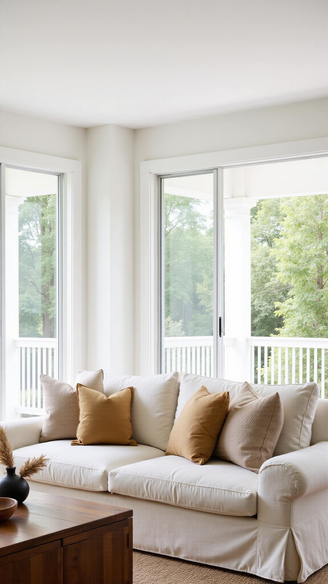 Spacious modern living room with ivory linen sofa, walnut coffee table on jute rug, floor-to-ceiling windows, and warm white walls in soft morning light.