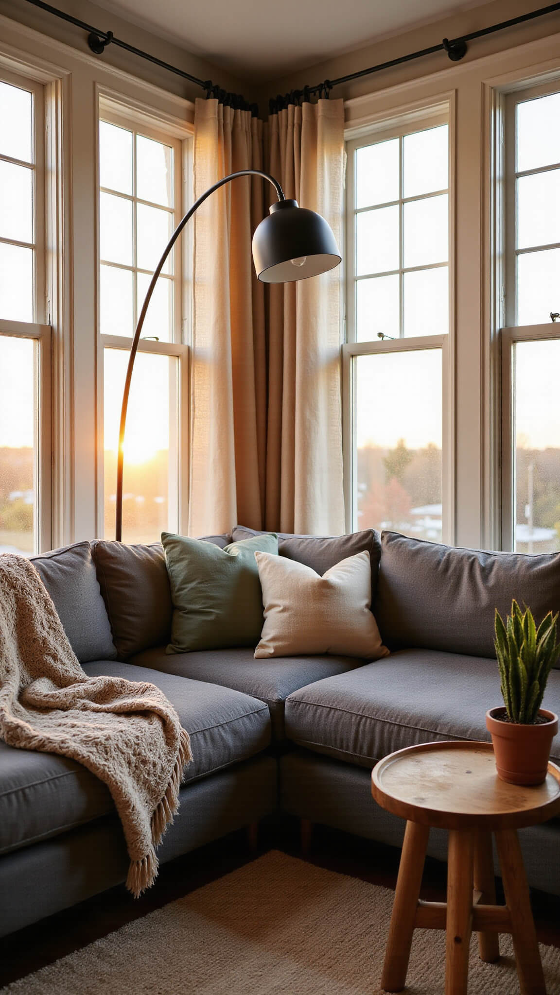 Cozy 15x18ft reading nook with a charcoal gray sectional under sheer curtained windows, bathed in golden hour light; styled with neutral-toned pillows, wool throw, black floor lamp, and round teak table with a snake plant.