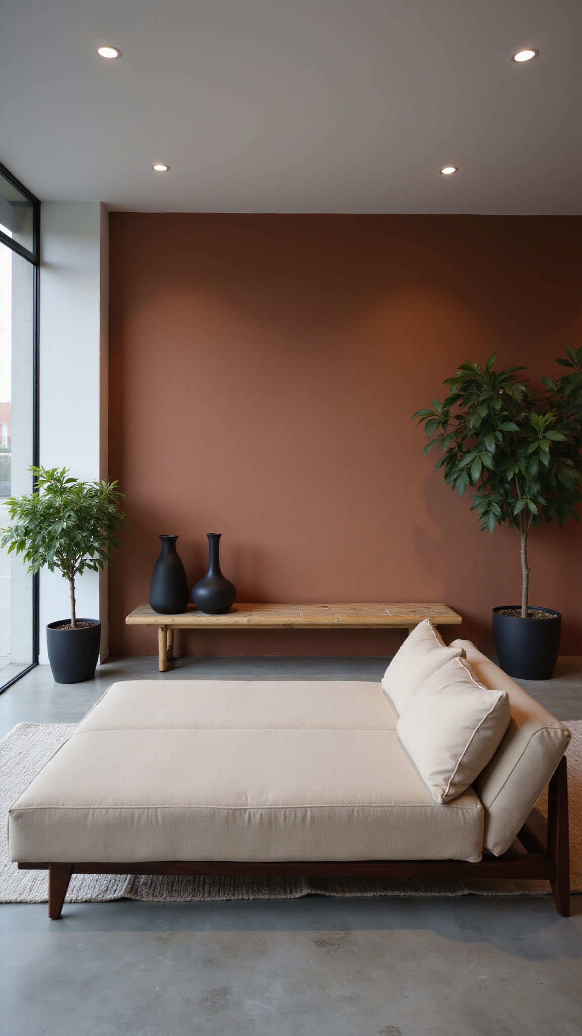 Contemporary open-concept living space with beige bouclé sofa, clay accent wall, minimalist decor, and warm ambient lighting during blue hour.