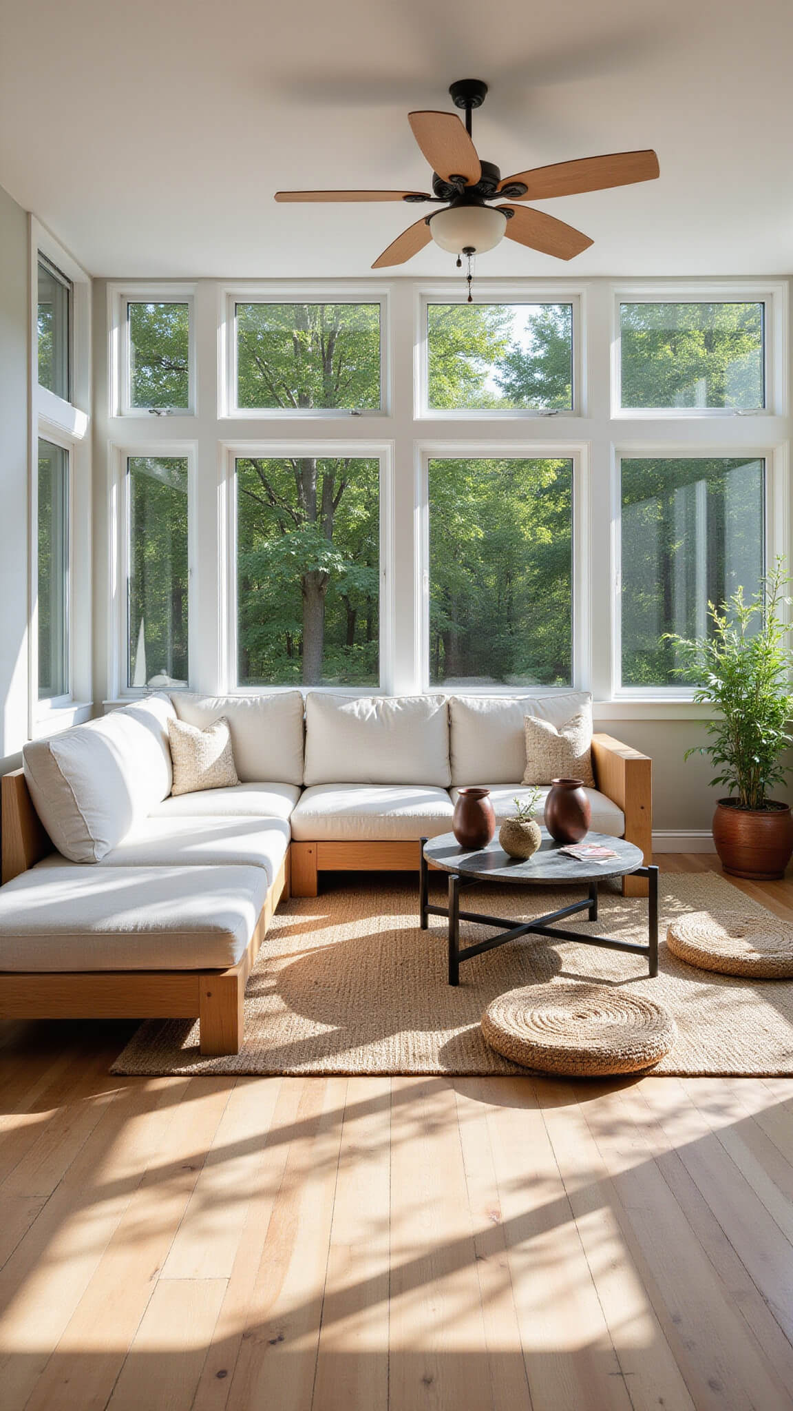 Sunlit 16x20ft sunroom with white oak-framed linen sofa, black stone-top coffee table, rush floor cushions, copper vessels, and potted bamboo casting organic shadows on light oak floor.