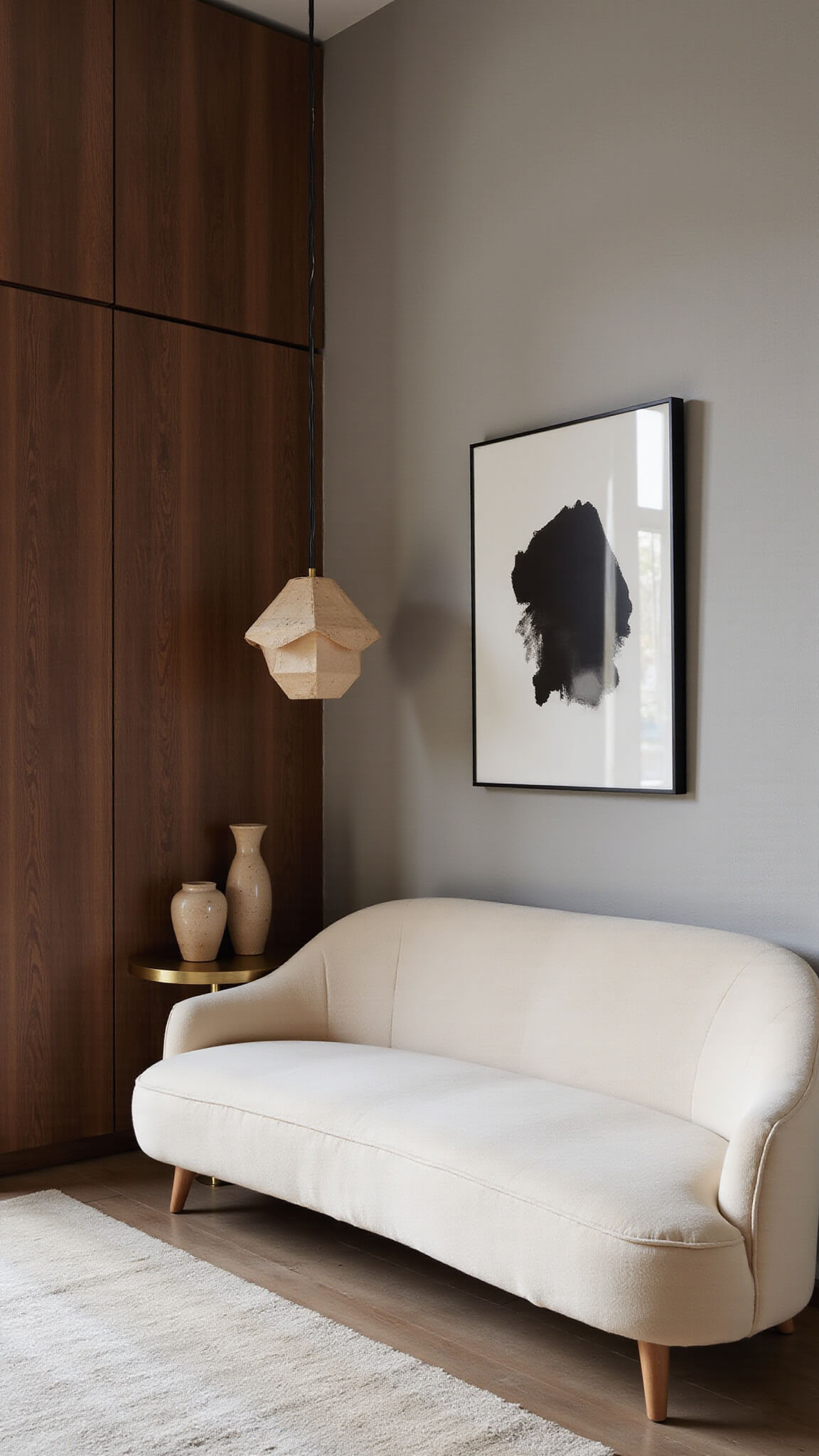 Cozy 14x16ft den with a cream curved sofa, walnut paneling, warm gray plaster walls, earth-toned ceramics, brass side table, paper pendant lamp, and black-and-white abstract art in soft late afternoon light.