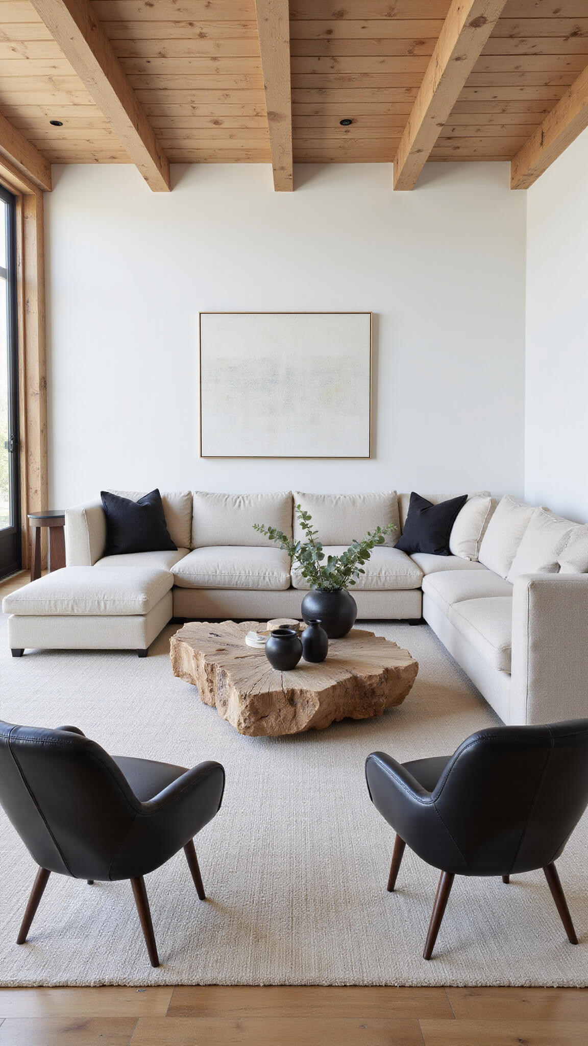 High-angle view of a spacious 22x26ft great room with 12ft ceilings, exposed wooden beams, an oversized oatmeal bouclé L-shaped sofa, black leather accent chairs, a driftwood coffee table, and minimal decor including black pottery, dried eucalyptus, and ceramics.