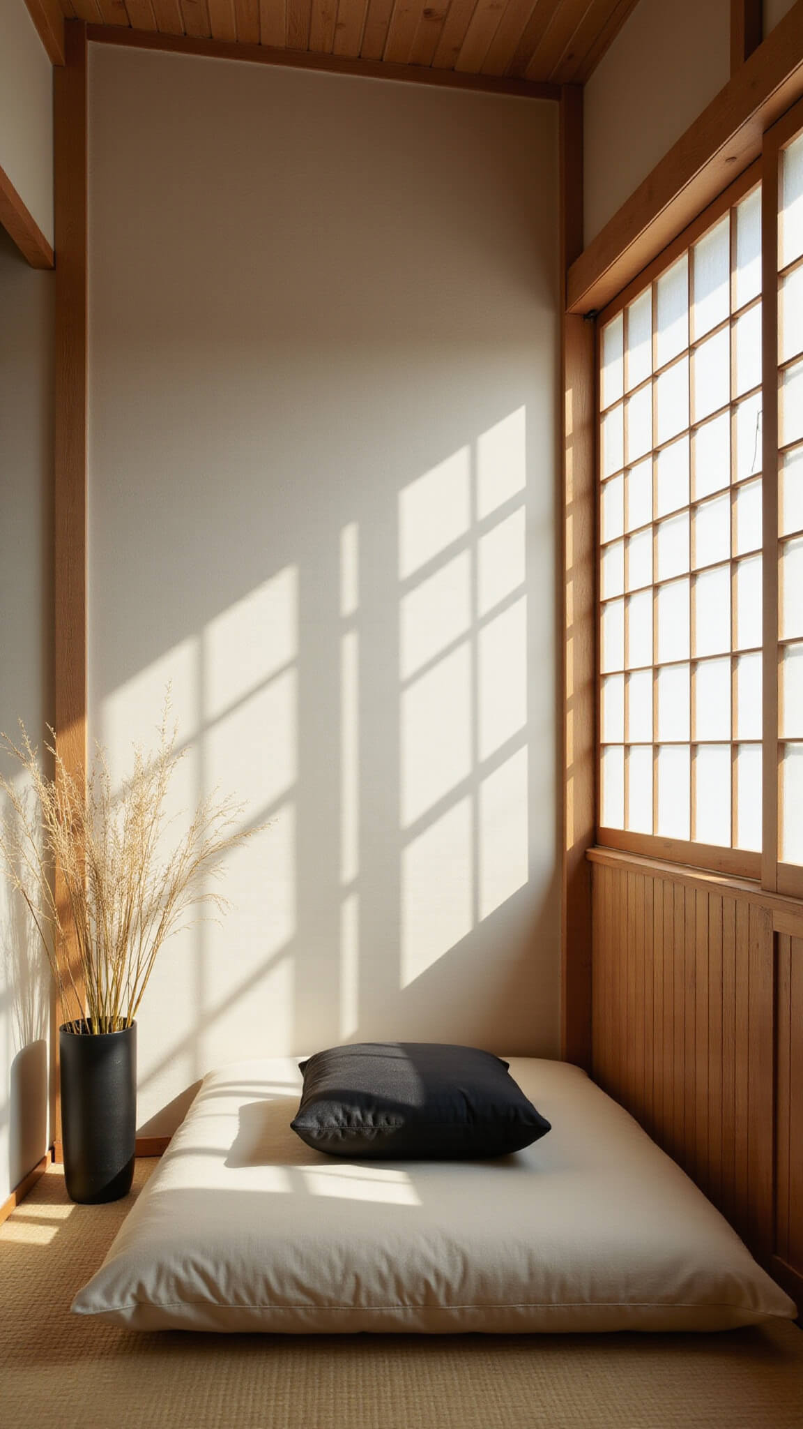 Minimalist 12x14ft meditation space with low canvas sofa, rice paper screens, black zafu cushion, ceramic incense holder, and Japanese forest grass on clay plaster walls, viewed at tatami mat level in soft natural light.