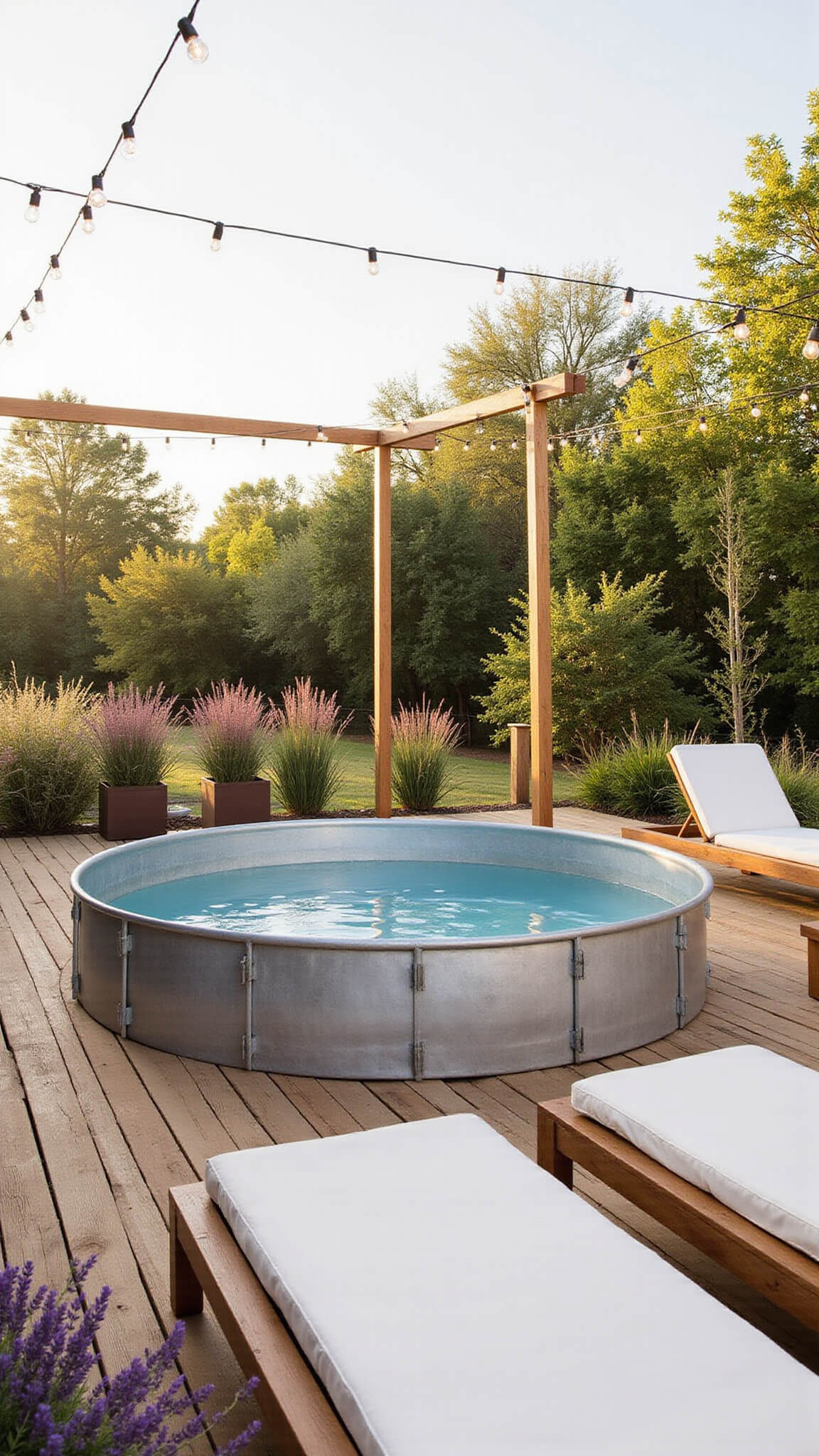Modern farmhouse cedar pool deck with circular stock tank pool, teak loungers, potted lavender, and string lights at golden hour.